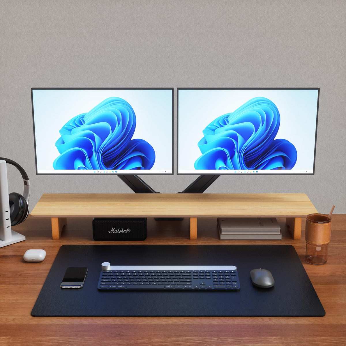Aothia 43 inch Oak Solid Wood Dual Monitor Stand for Desk, Cork Legs