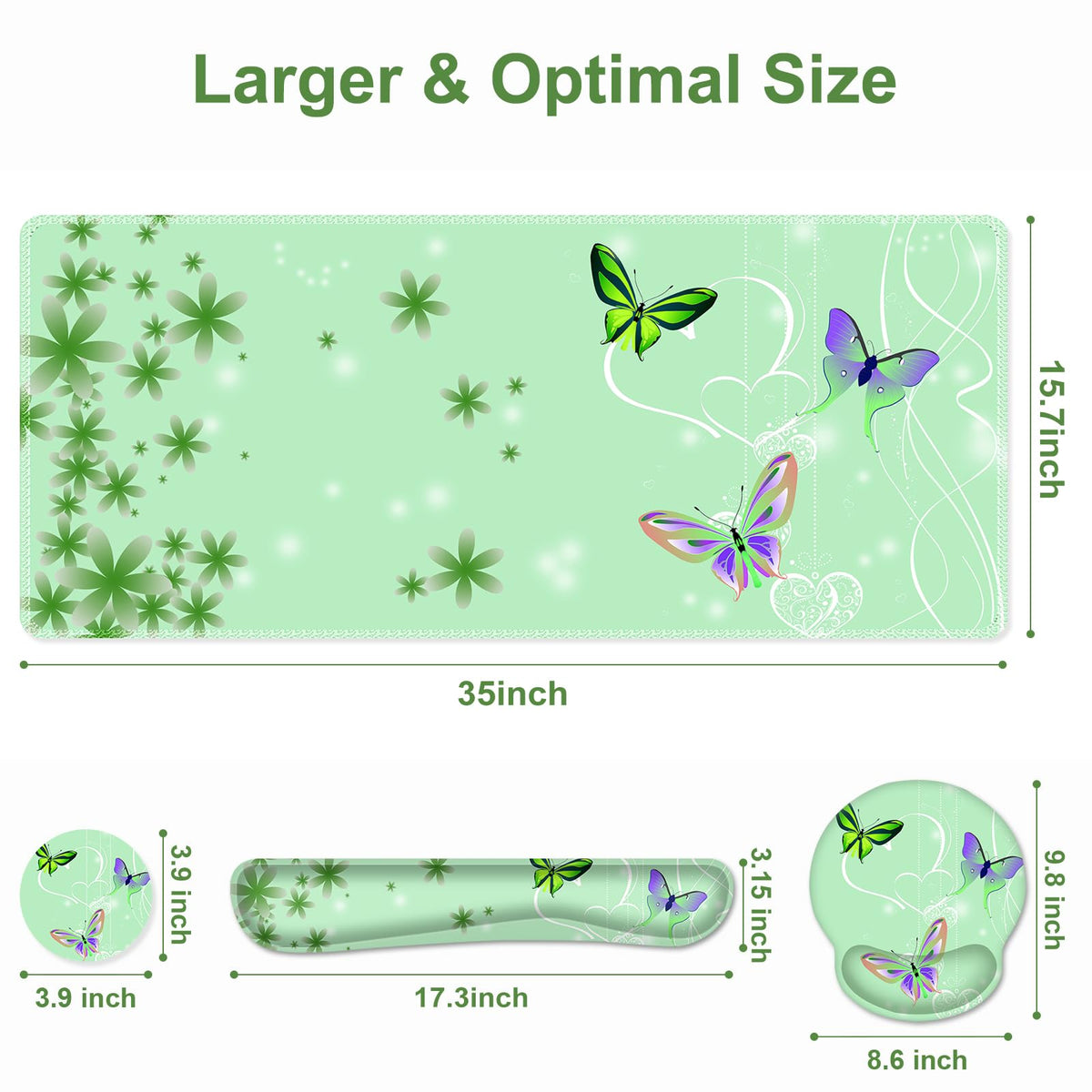 Mint Green Butterflies Florals Mouse Pad, XXL Large Desk Mat Extended Reading Desk pad, 4PCS