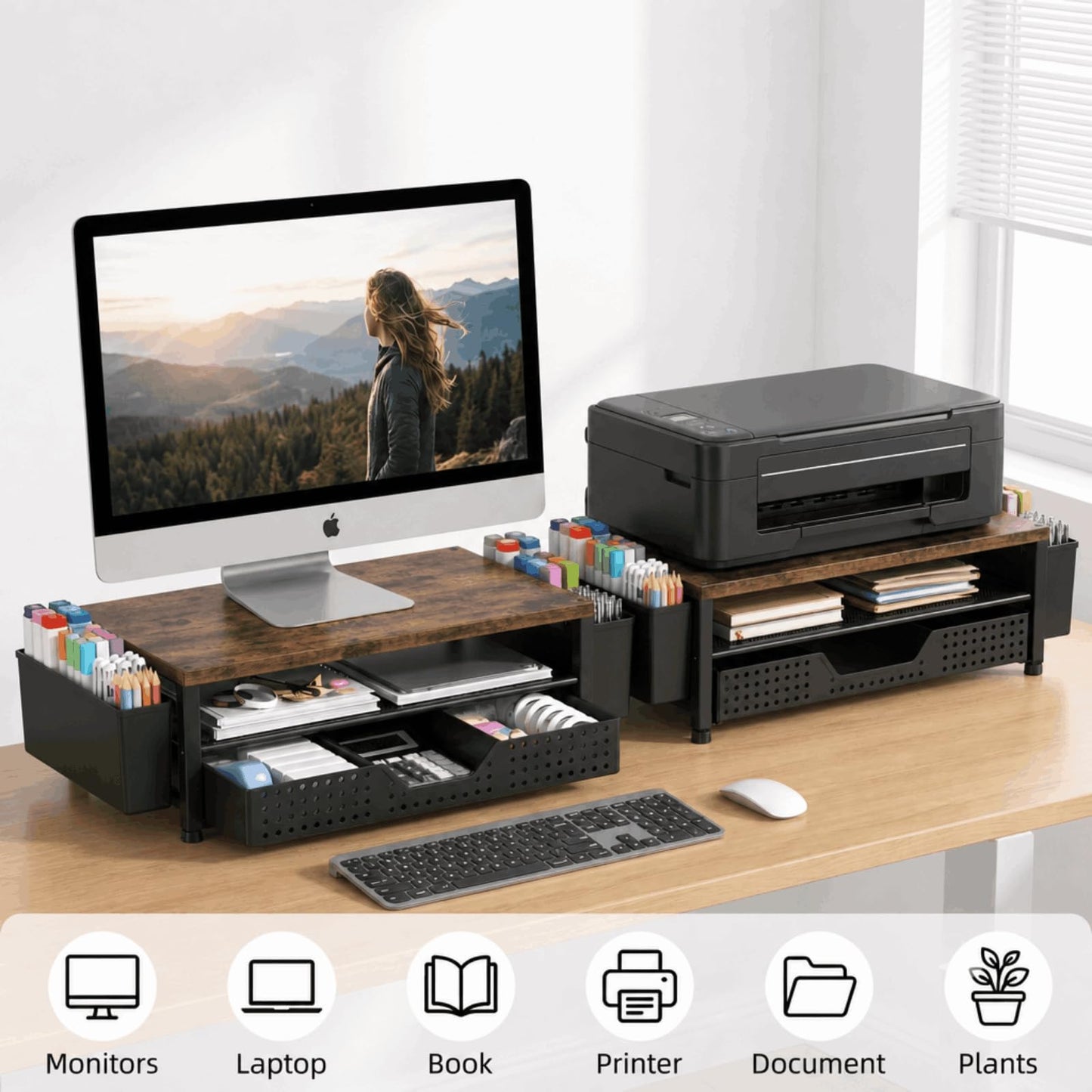 ECOLOVI Desk Organizer and Accessories, 2-Tier Computer Monitor Stand Rise with Storage Drawer & 2