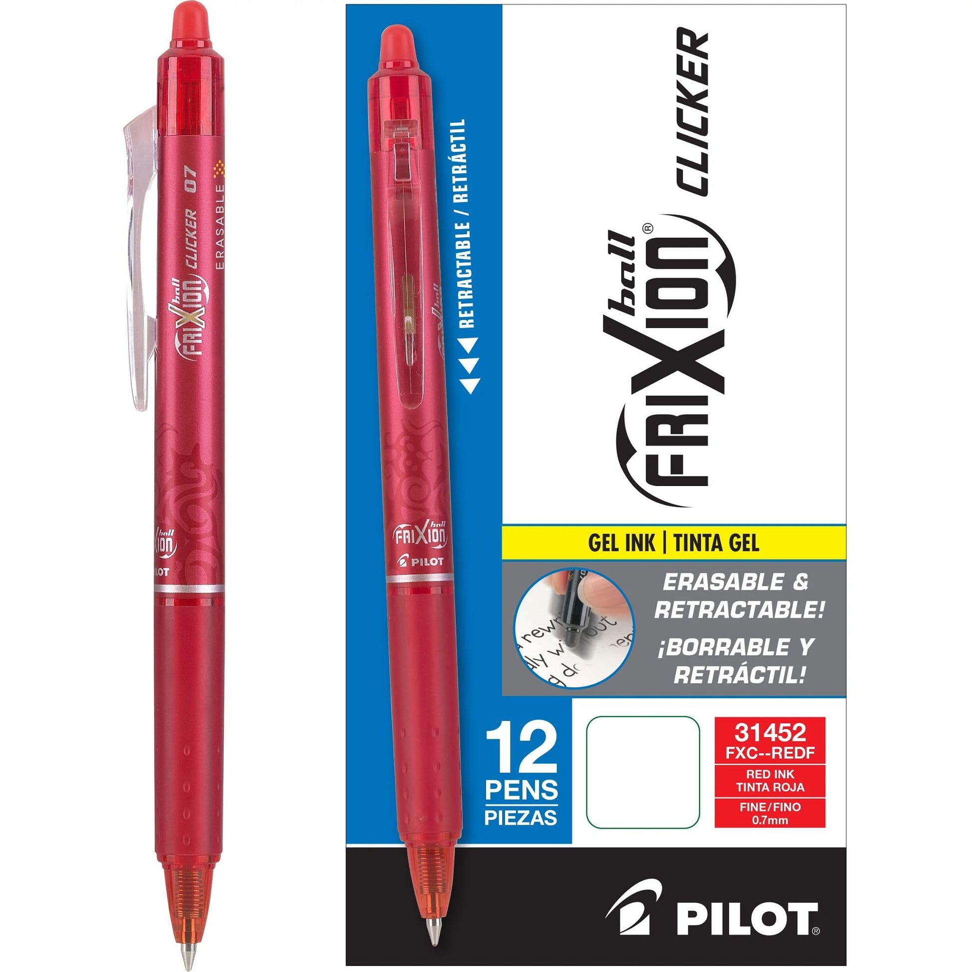 PILOT FriXion Clicker Erasable Gel Ink Pens, Fine Point 0.7mm, Red, 12Pk
