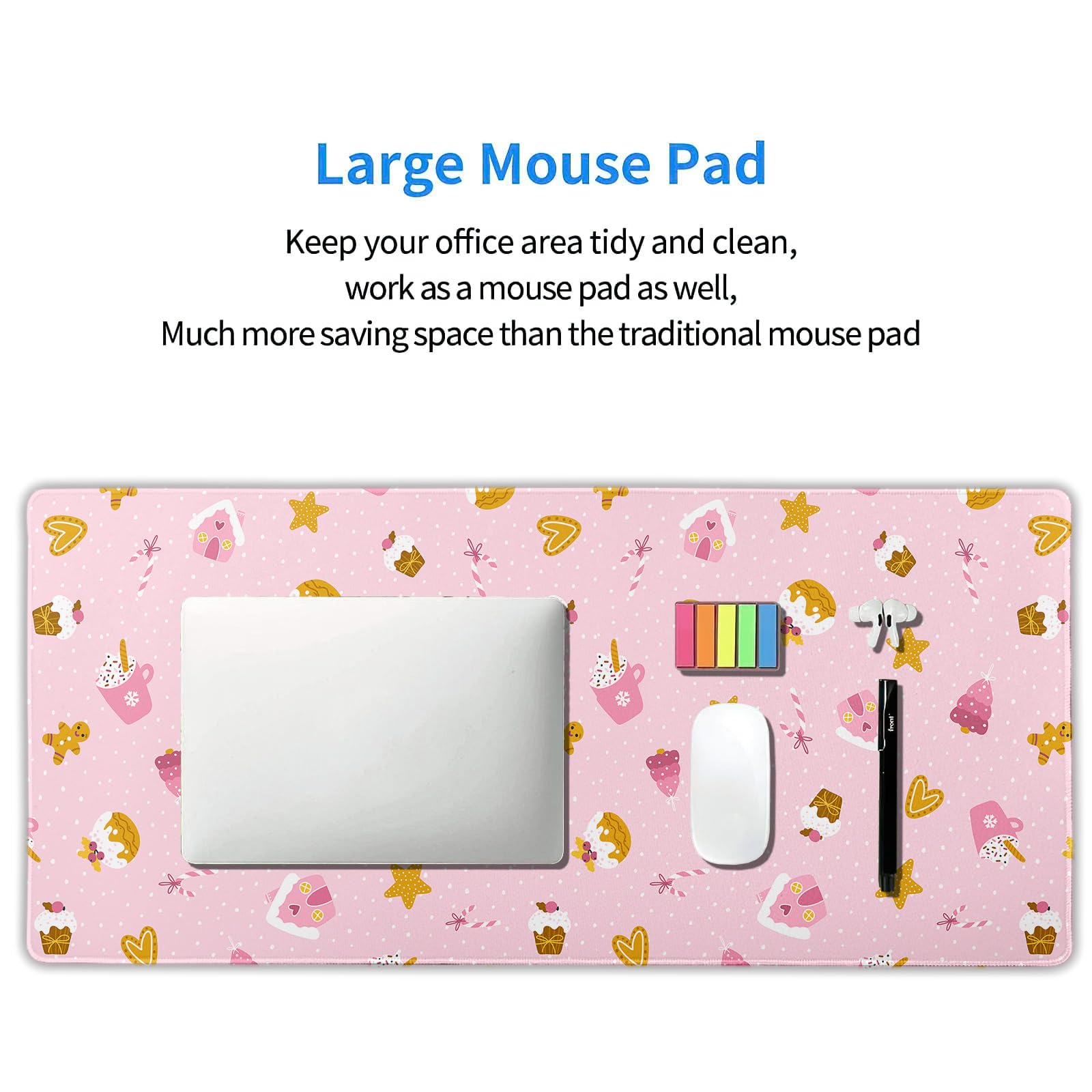 Pink Christmas Gaming Mouse Pad XXL Cute Kawaii Cupcake Gingerbread Extended Big Large Desk Mat