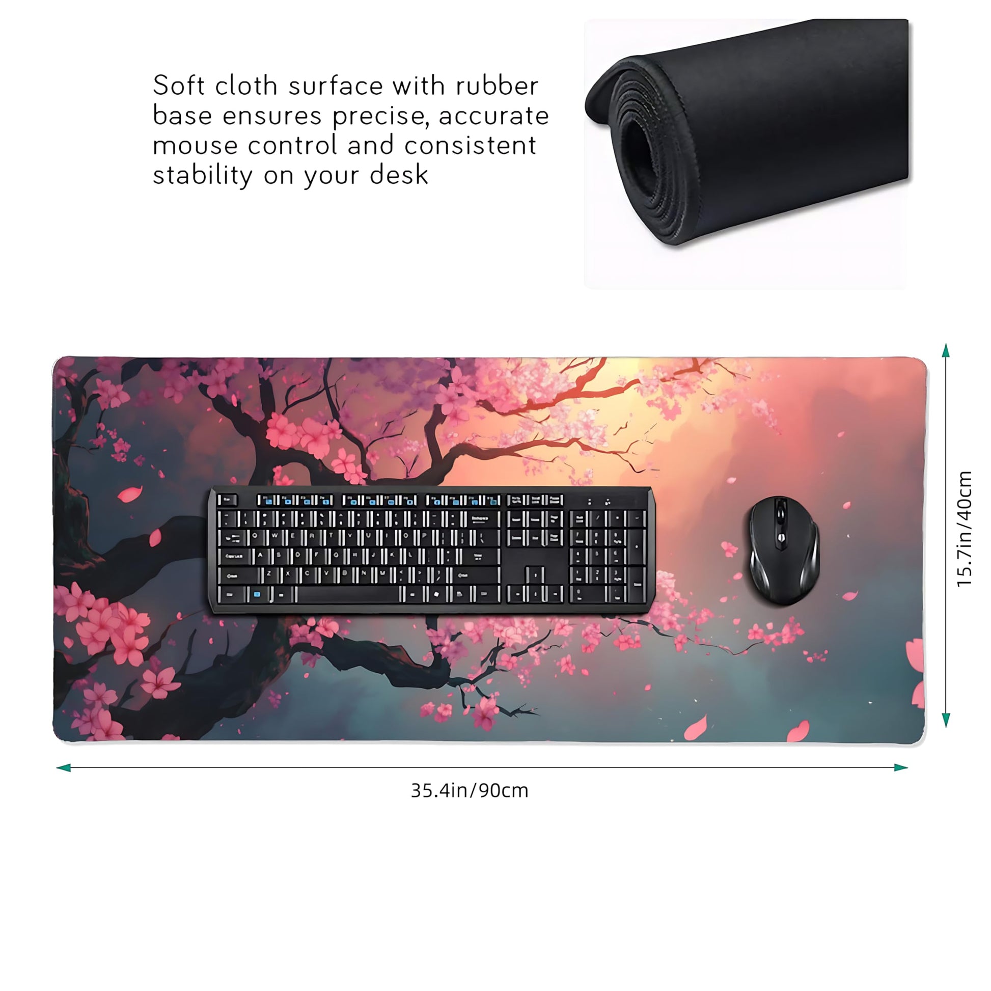 Cute Floral Aesthetic Cherry Gaming Mouse Pad, Pink Japanese Desk Mat with Anti-Slip Base &