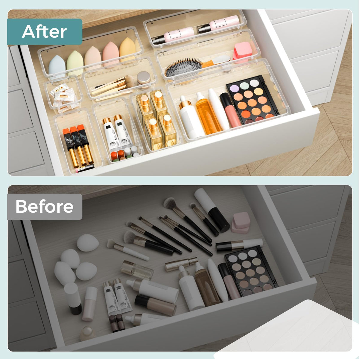 44 PCS Clear Plastic Drawer Organizer Set, 4 Sizes Storage Bins, Clear