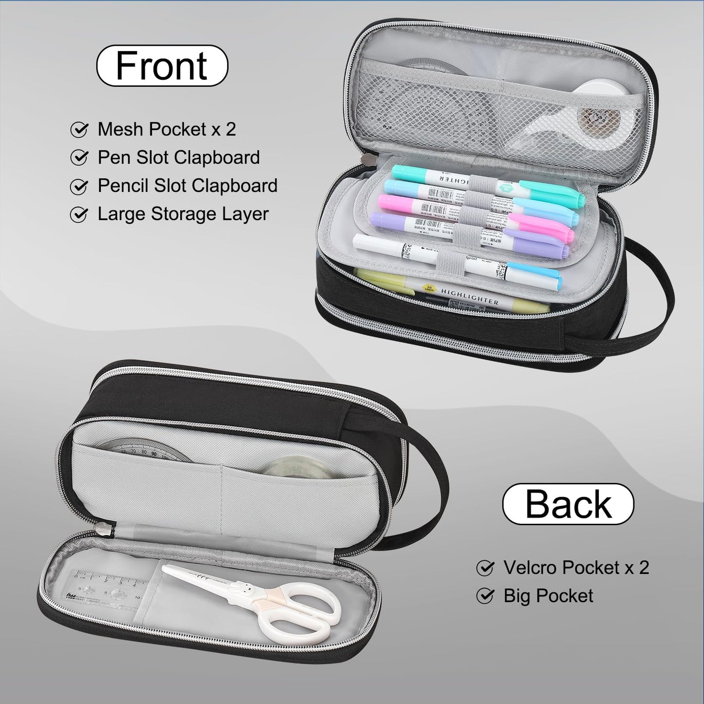 Large Pencil Case for Boys Teens Kids Organizer Zipper Pencil Pouch Black