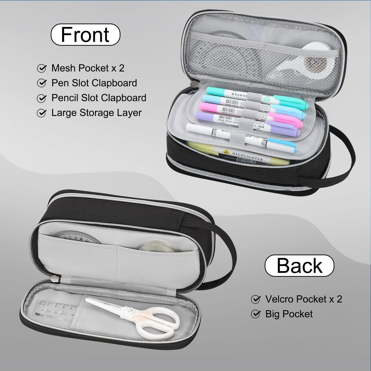 Large Pencil Case for Boys Teens Kids Organizer Zipper Pencil Pouch Black