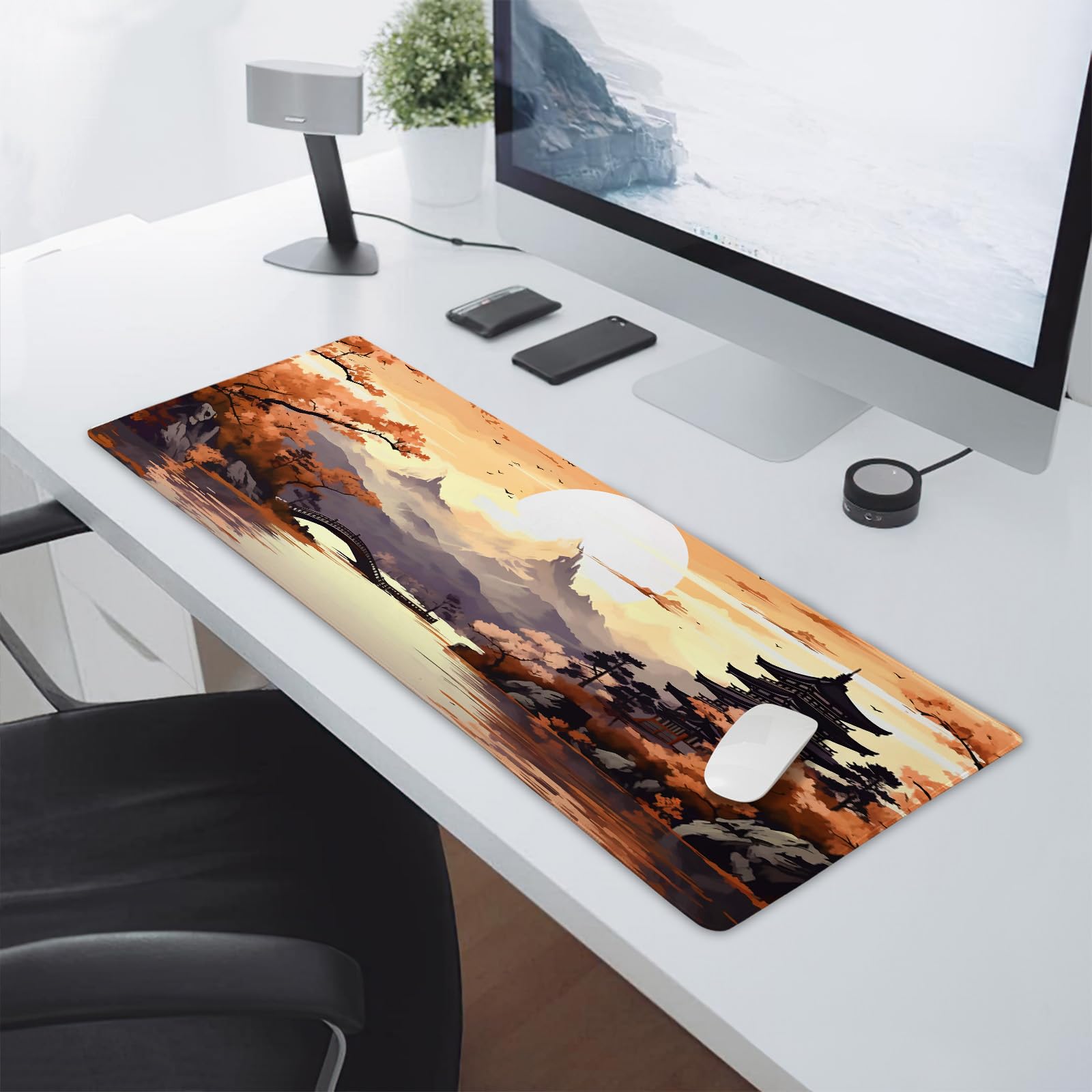 Orange Japanese Sakura Gaming Mouse Pad XL Yellow Cherry Blossom Mountain Aesthetic Large Desk Mat