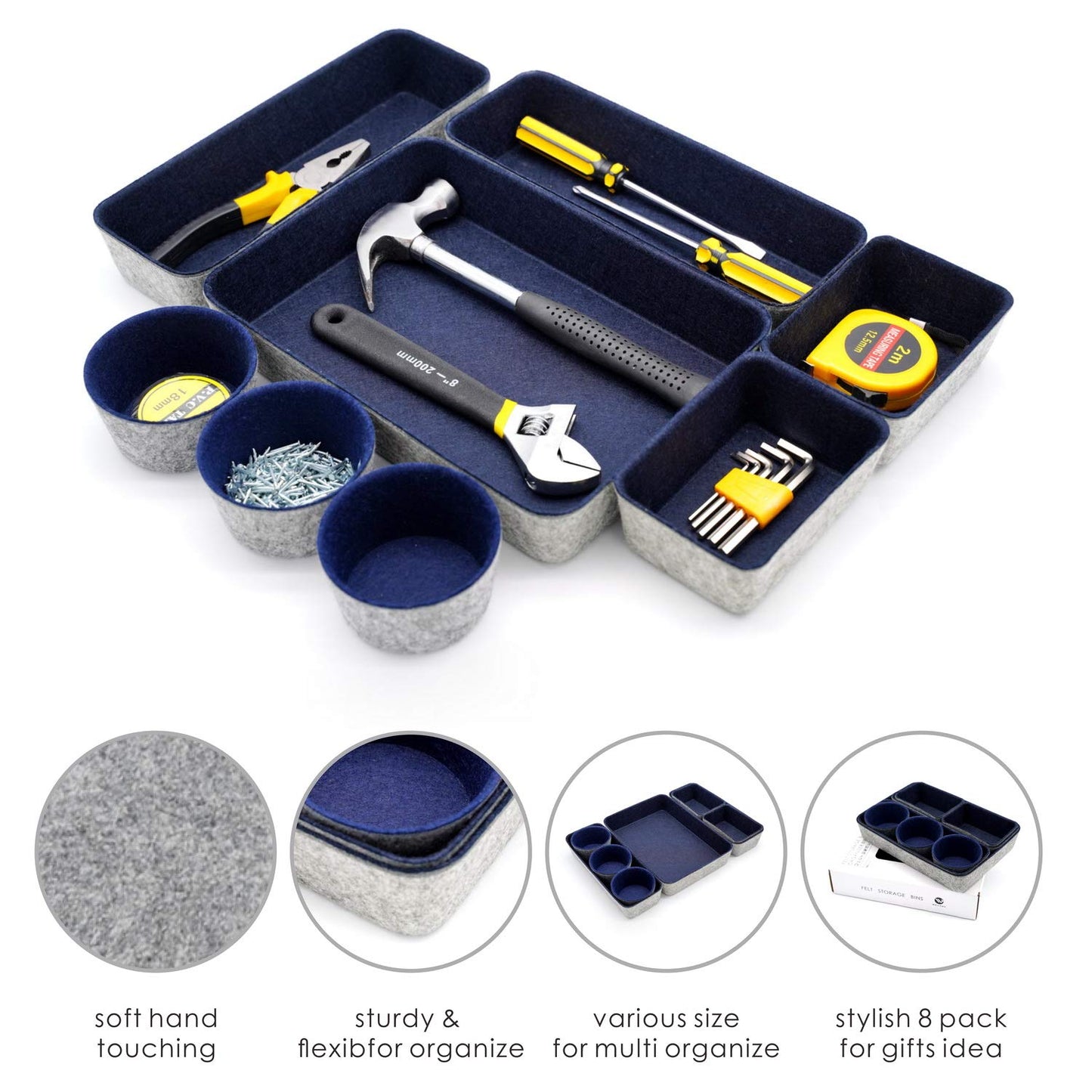 Welaxy 8pc office desk drawer organizer tray felt Storage bins Shallow Navy