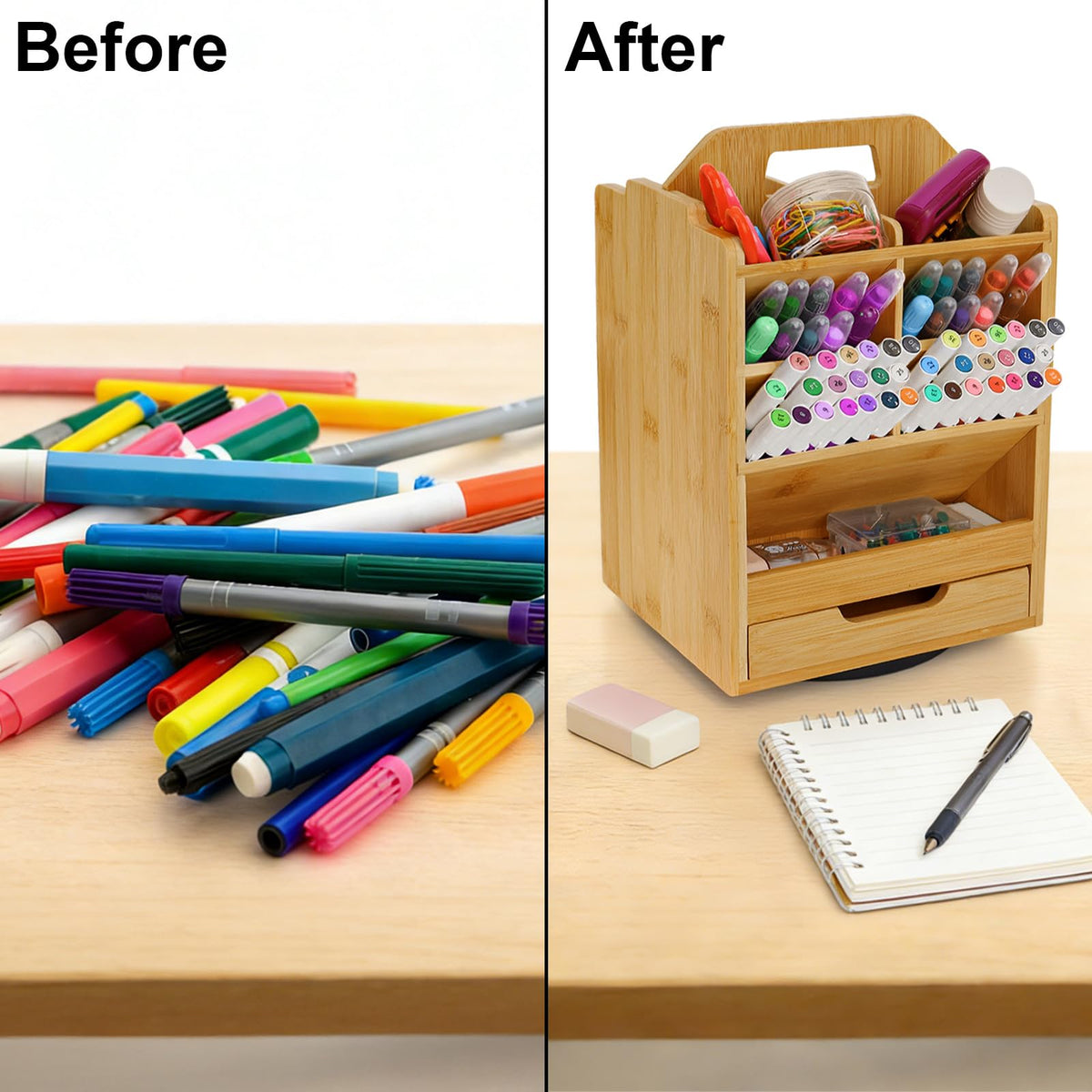 SOUJOY Bamboo Pen Holder Organizer, 360°Rotating Art Supply Storage Caddy, Hold 400+ Pencils, 15
