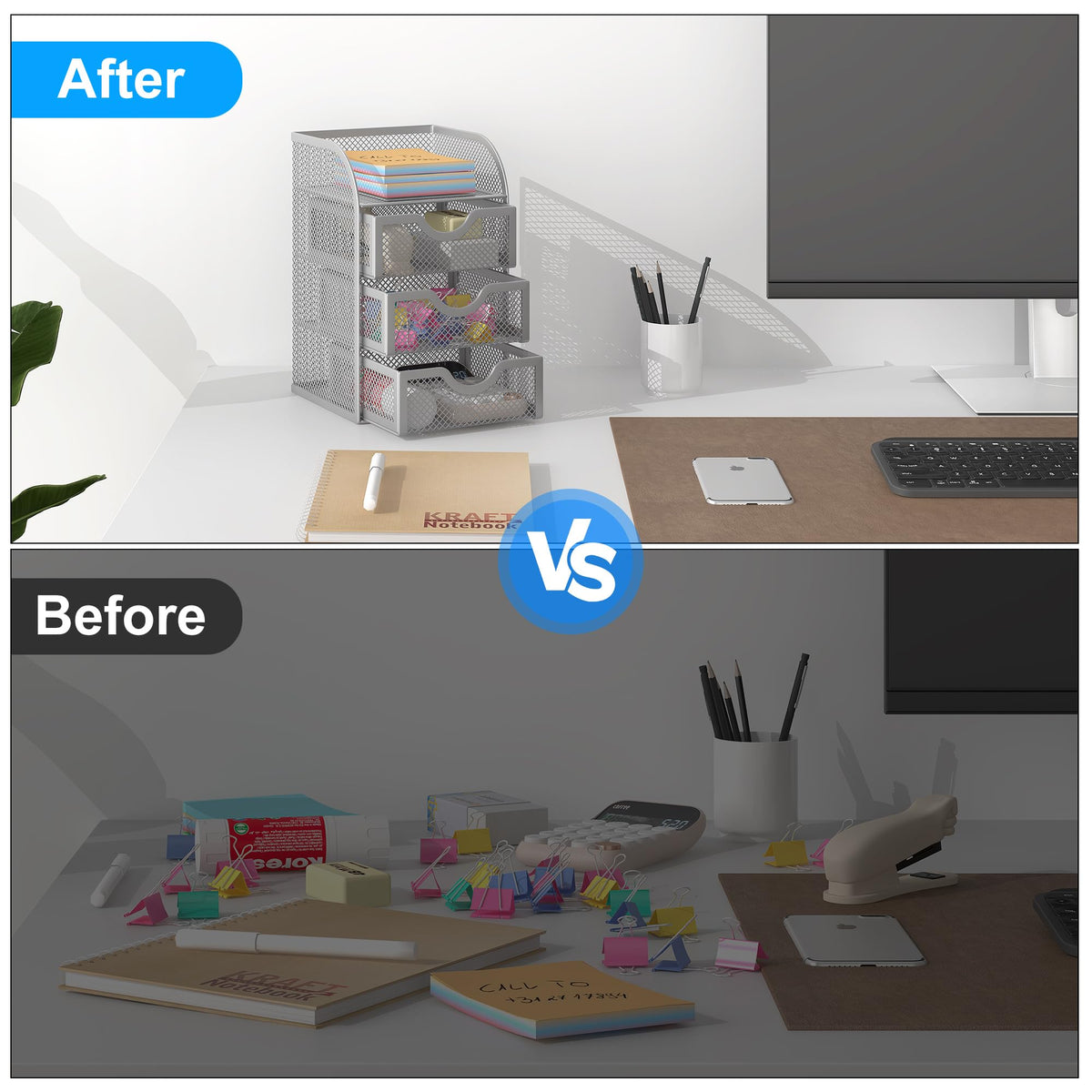 EasyPAG Mesh Desk Organizer with 3 Drawer Office Desktop Organizers and Accessories Stationery