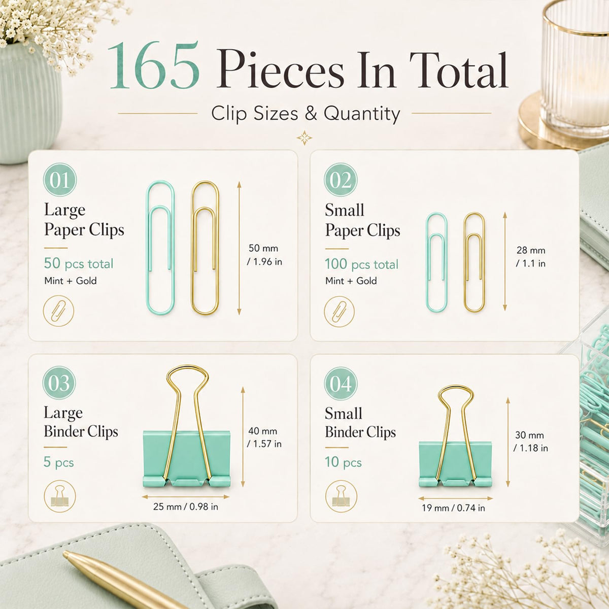 Creechwa Paper Clips and Binder Clips Set, Green & Gold, Assorted Size Clips