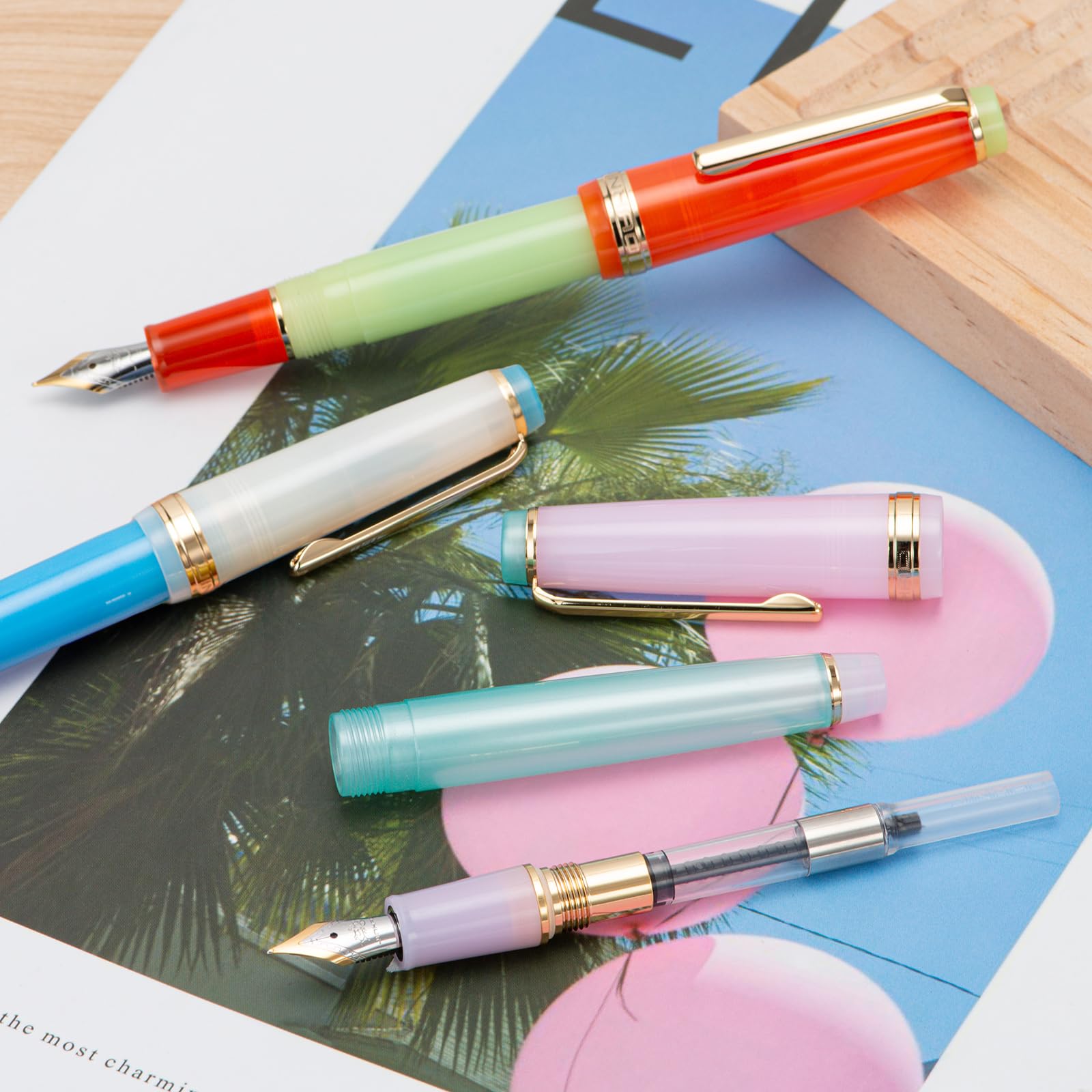 3 Jinhao 82 Fountain Pen Transparent Mixed Macaron Color Acrylic Extra Fine Point Gold Trim with