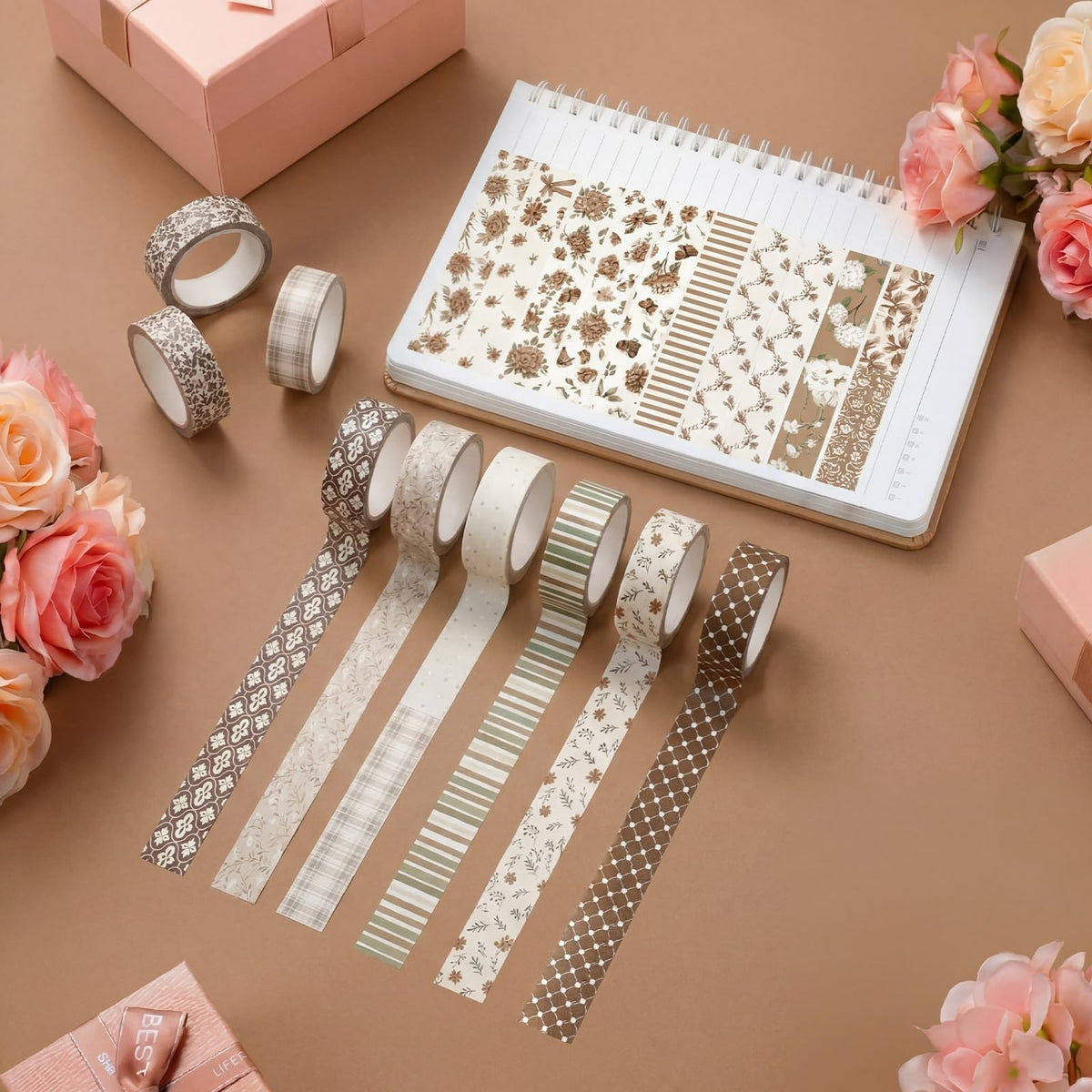 YooNotee 12 Rolls Floral Washi Tape Set,Vintage,Neutral