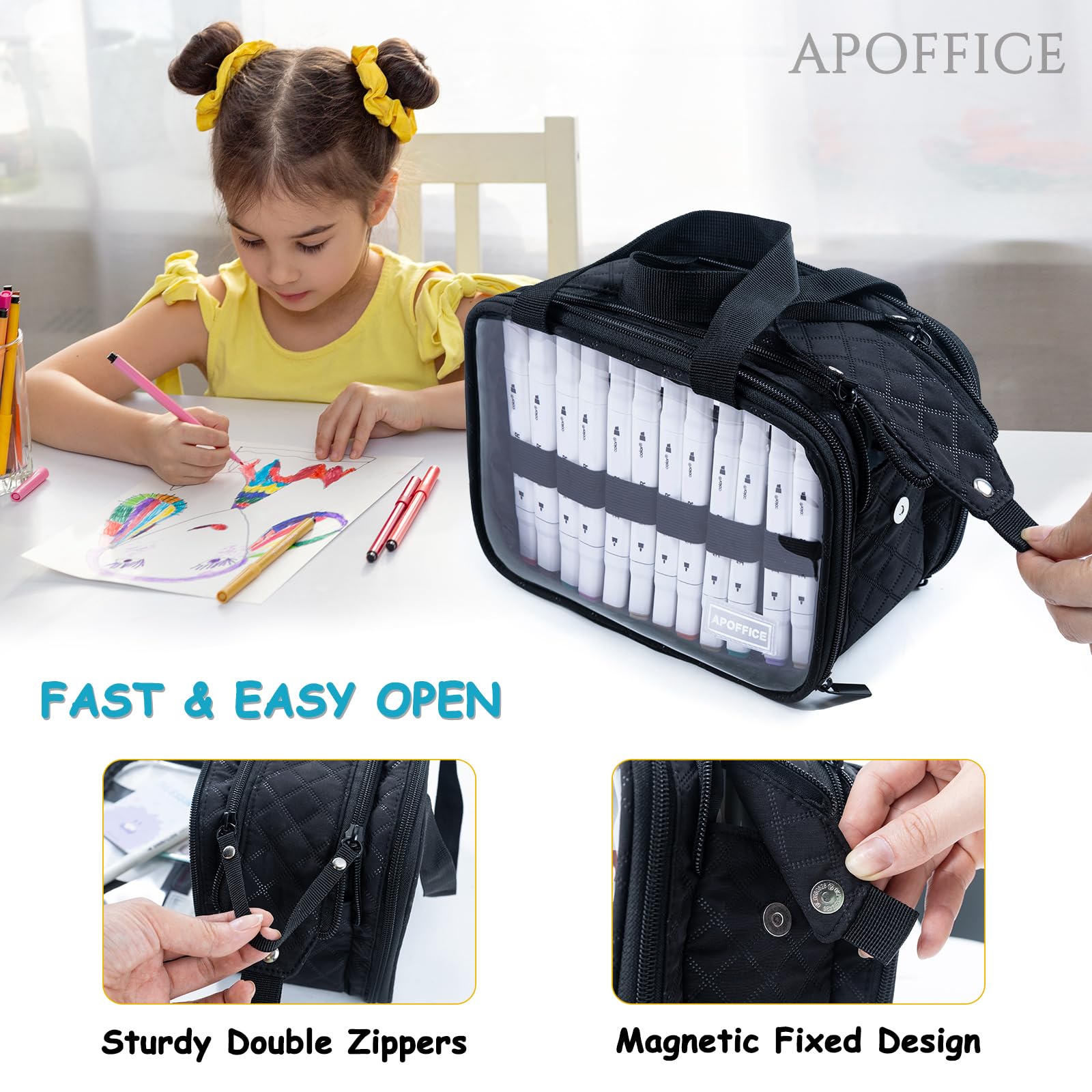 APOFFICE Marker Organizer Case – Holds 72-96Markers | Portable Art Marker Storage Bag with Clear