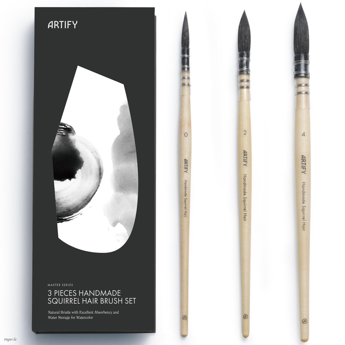 ARTIFY 3PCS Professional Natural Squirrel Hair Quill Round Fine Tip Detail Watercolor Brush Set |