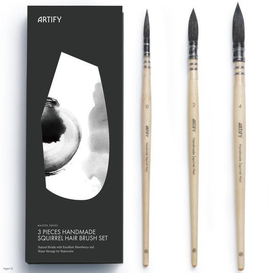 ARTIFY 3PCS Professional Natural Squirrel Hair Quill Round Fine Tip Detail Watercolor Brush Set |