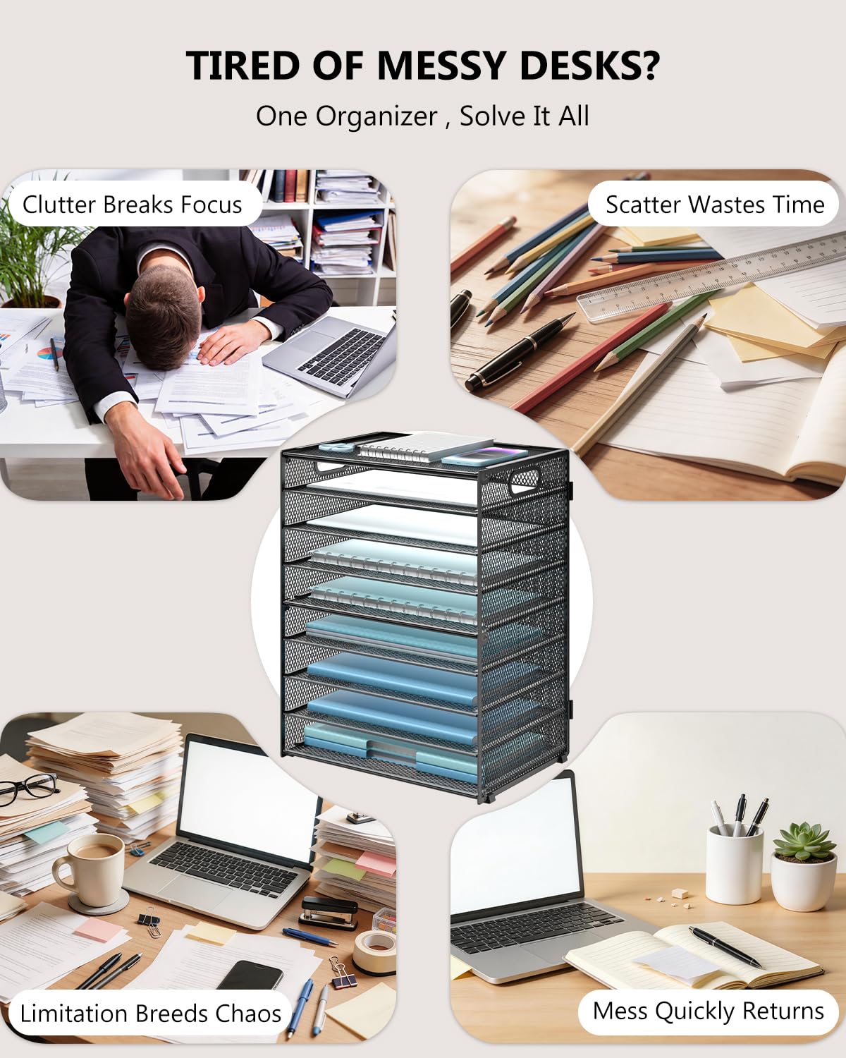 WALI Desk File Organizer, 9 Tier Desktop Paper Letter Tray Organizer with Handle, Office Desk