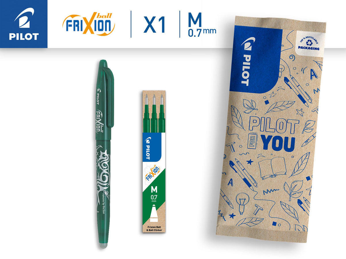 PILOT - FriXion Ball Clicker Erasable Rollerball Pen Set - Medium 0.7mm Tip - 1 x Green, 3 x Refills