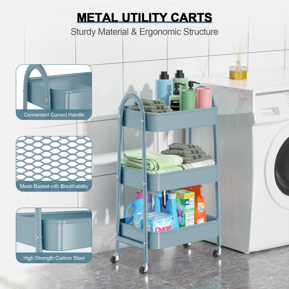 3 Tier Utility Rolling Cart, EAGMAK Metal Storage Cart with Handle and Lockable Wheels