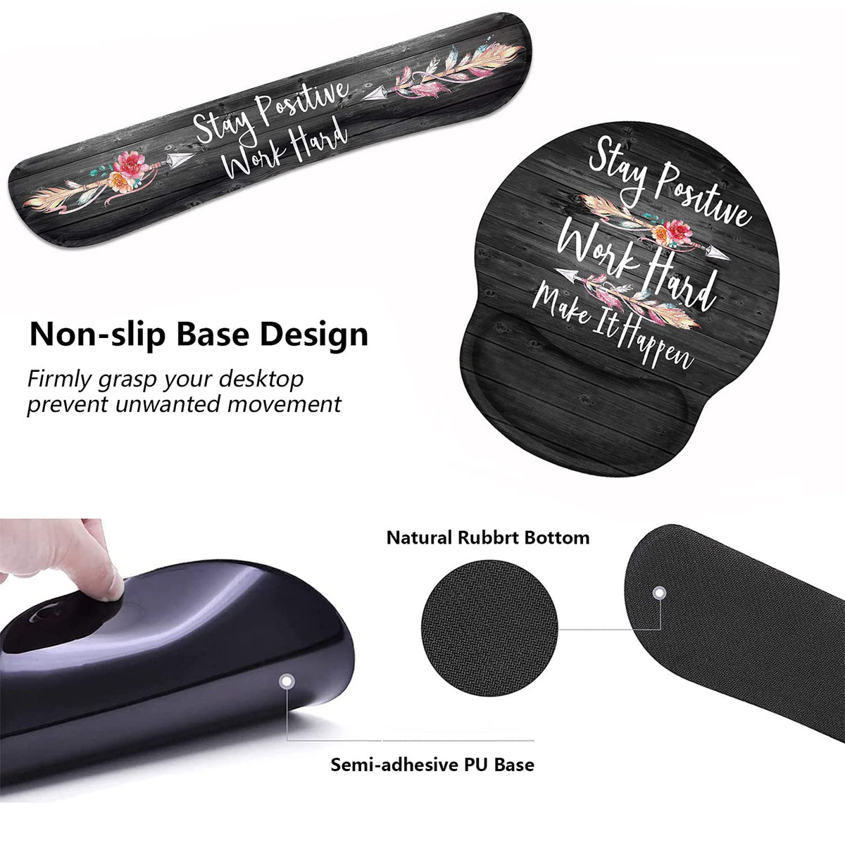Keyboard Wrist Rest and Mouse Pad Wrist Support Set with Coasters, Stay Positive Work Hard and Make