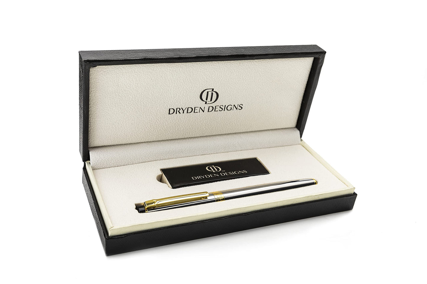 Dryden Designs Fountain Pen. Medium Nib Premium Box | 6 Ink Cartridges Included (Metallic Silver)