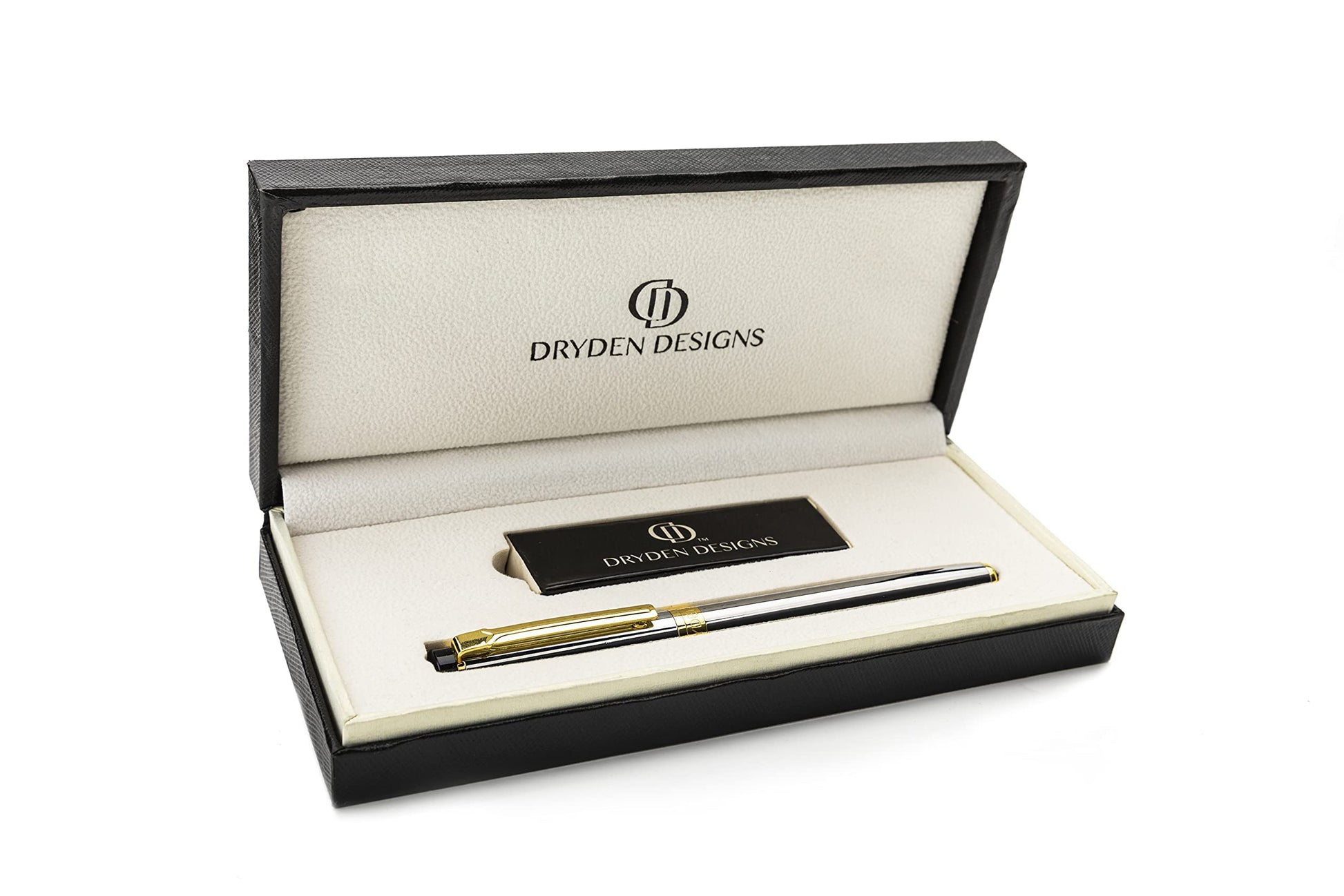 Dryden Designs Fountain Pen. Medium Nib Premium Box | 6 Ink Cartridges Included (Metallic Silver)
