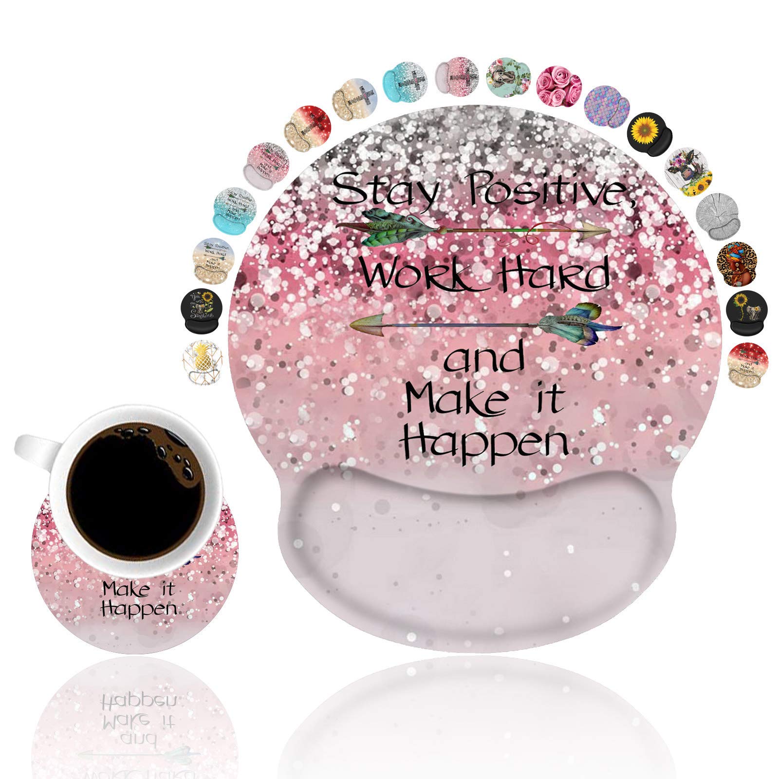 Ergonomic Mouse Pad Wrist Support and Coasters Set, Pink Glitter Stay Positive Work Hard and Make
