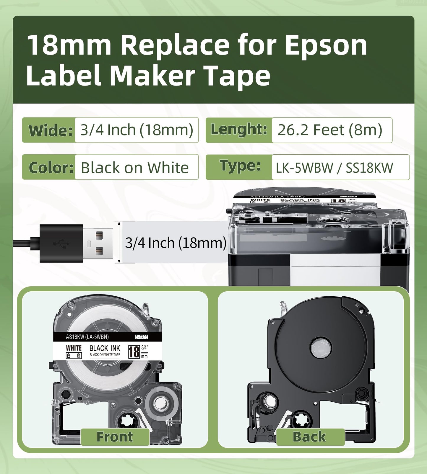 Compatible for Epson LABELWORKS LK-5WBN LC-5WBN9 LK-5WBW Black on White