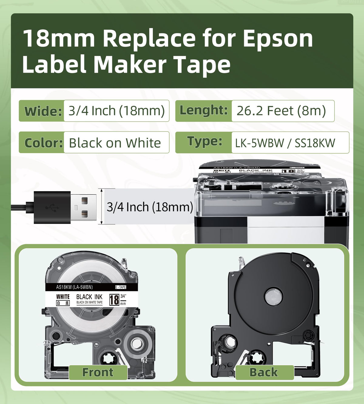 Compatible for Epson LABELWORKS LK-5WBN LC-5WBN9 LK-5WBW Black on White