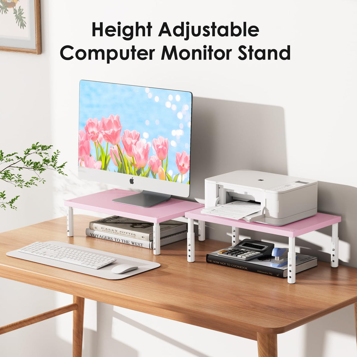 ECOLOVI Adjustable Wood Computer Monitor Stand Riser, Office Desk Organizer and Accessories for