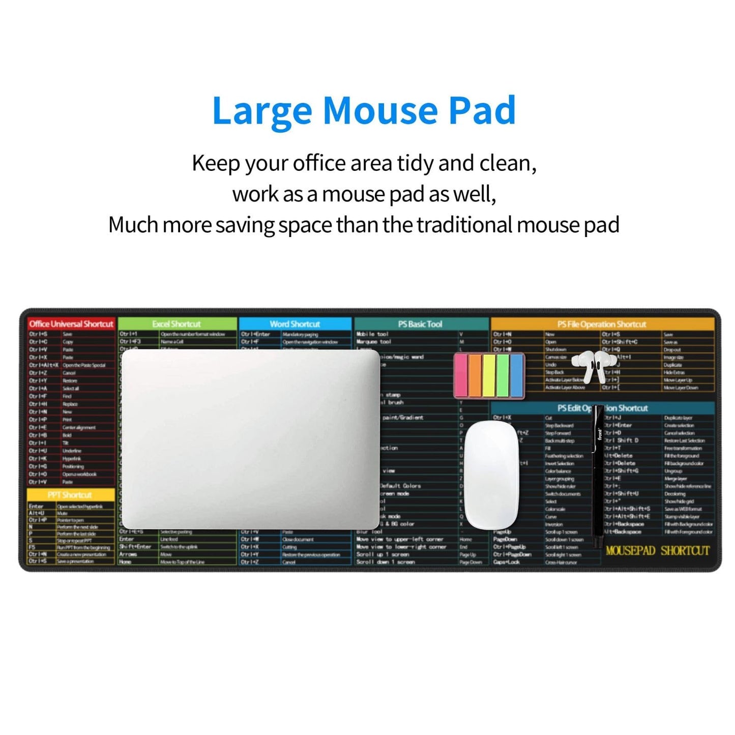 Office Computer Power Point PPT Excel Word Ps Shortcuts Keys Gaming Mouse Pad 31.5 X 11.8 Inch XL