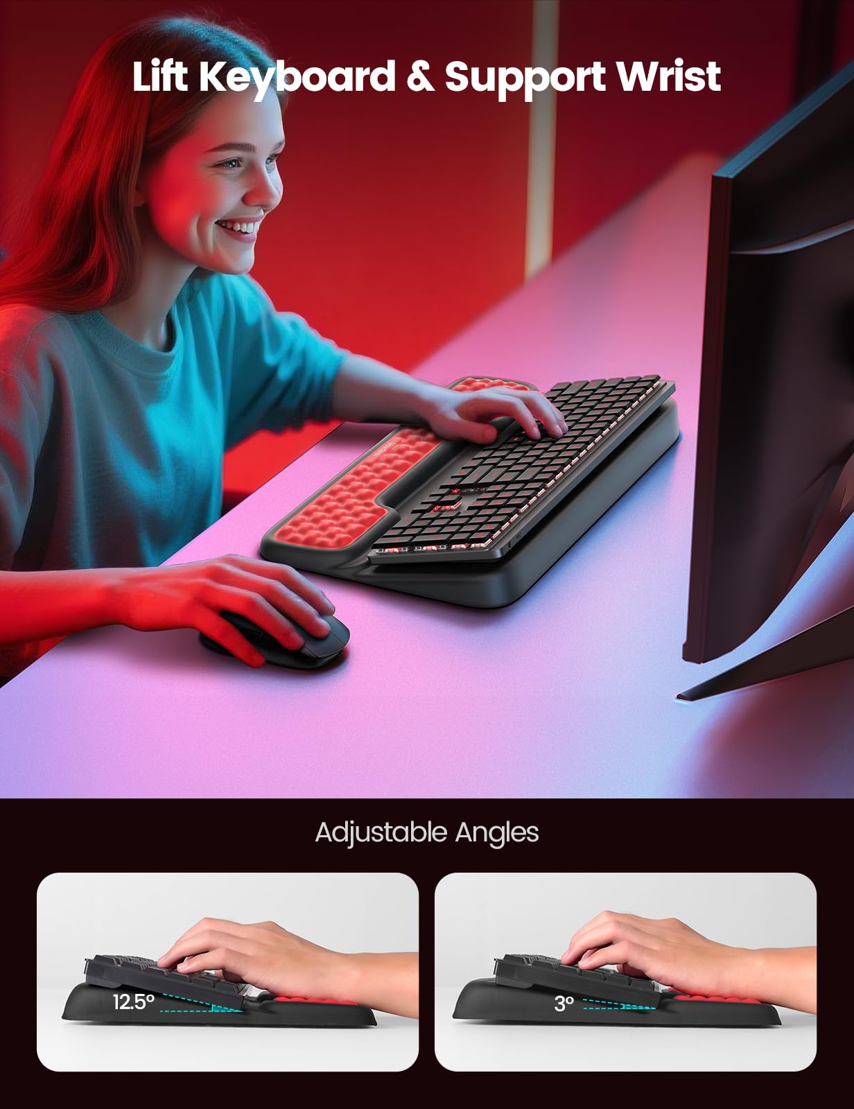 Vaydeer Keyboard Stand with Wrist Rest, Gaming Wrist Support Pad, Ergonomic Hand Rest Arm Soft