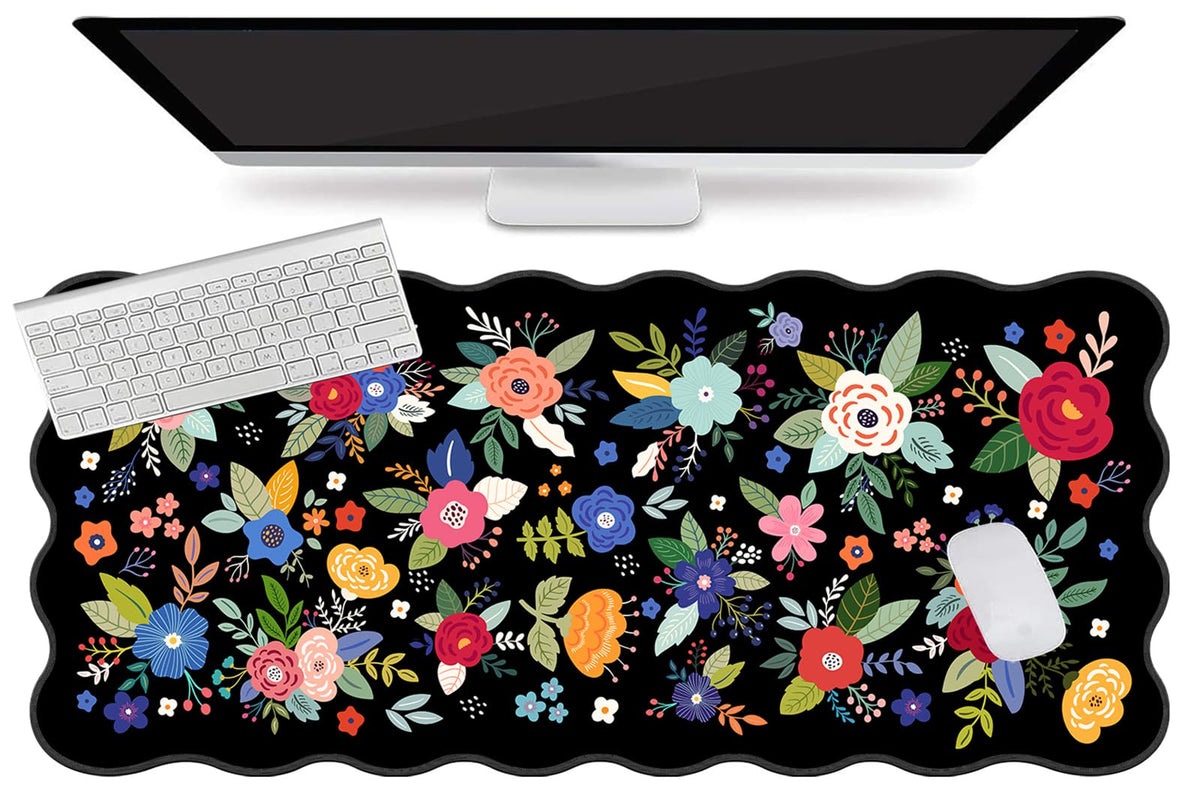 L-SPOUTTO Floral Mouse Pad, Black Scalloped Desk Mat XXL Gaming Mousepad