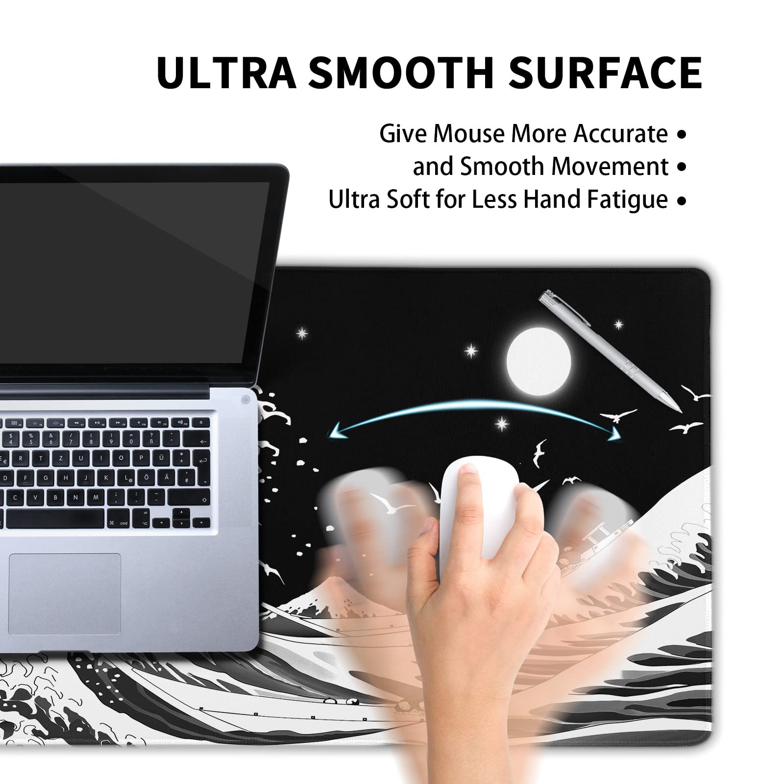 Japanese Wave Mouse Pad XXL Black White Sea Aesthetic Moon Extended Desk Mat 90X40 CM Non-Slip