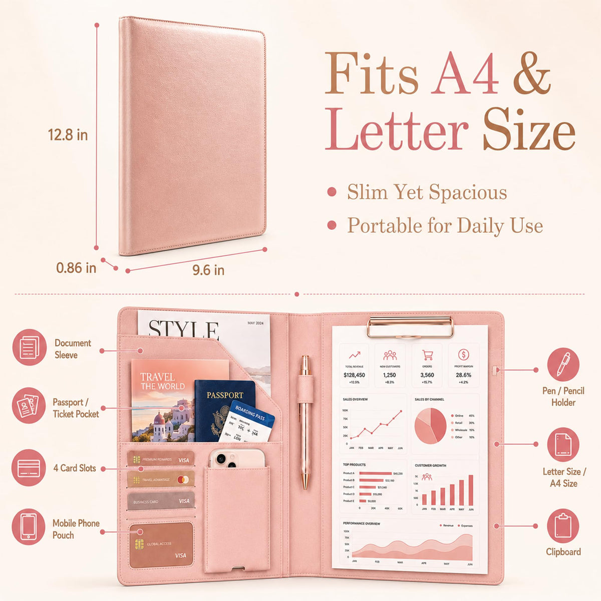 Darolin Leather Portfolio Padfolio with Clipboard -Business Folder Rosegold