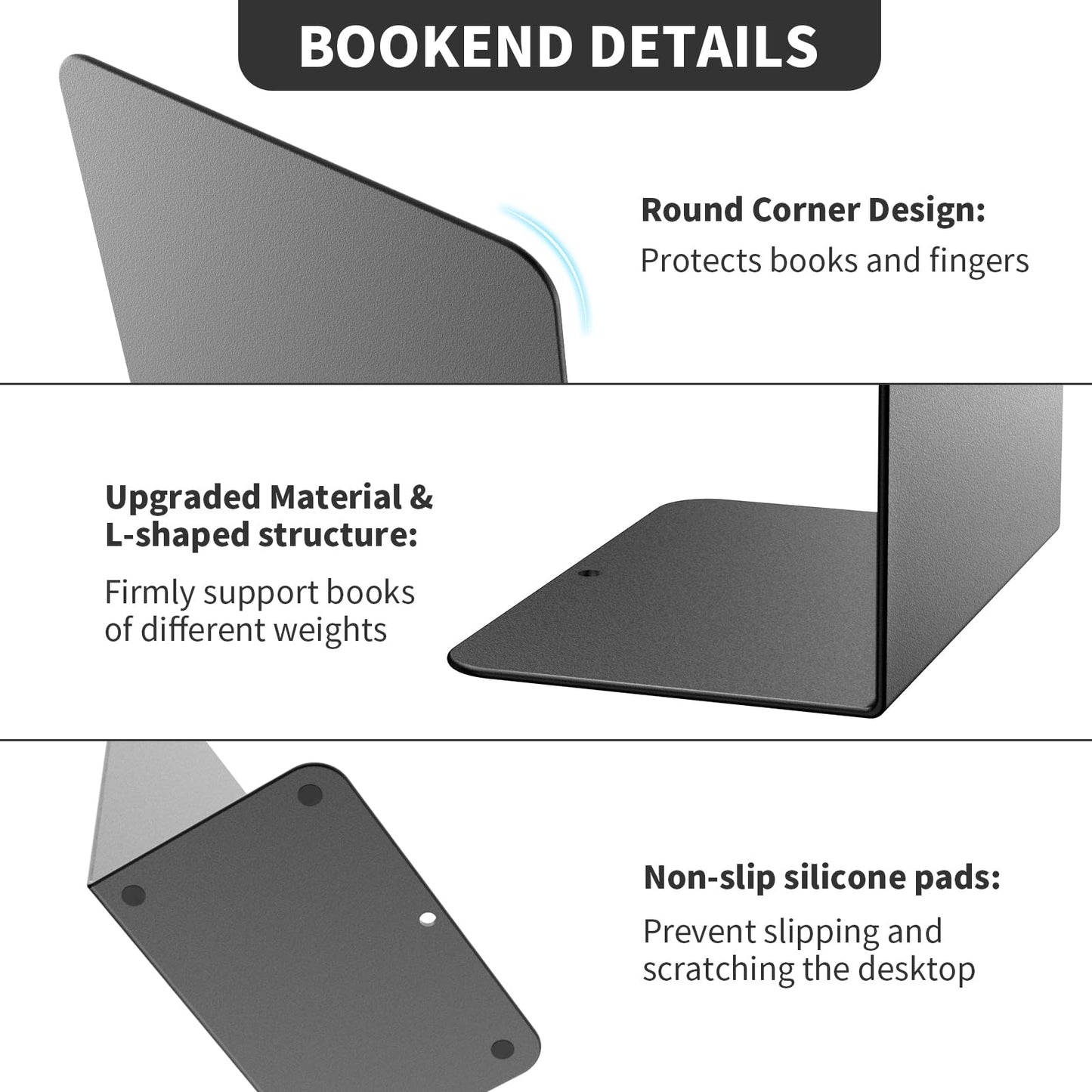 Book Ends, 6 Pieces Metal Bookend for Shelves, Bookends for Heavy Books