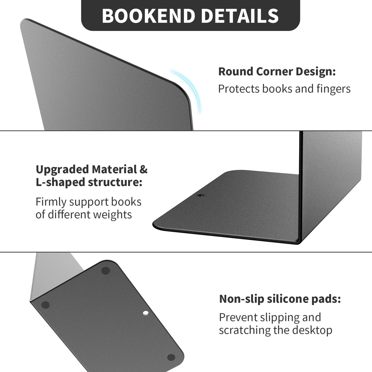 Book Ends, 6 Pieces Metal Bookend for Shelves, Bookends for Heavy Books