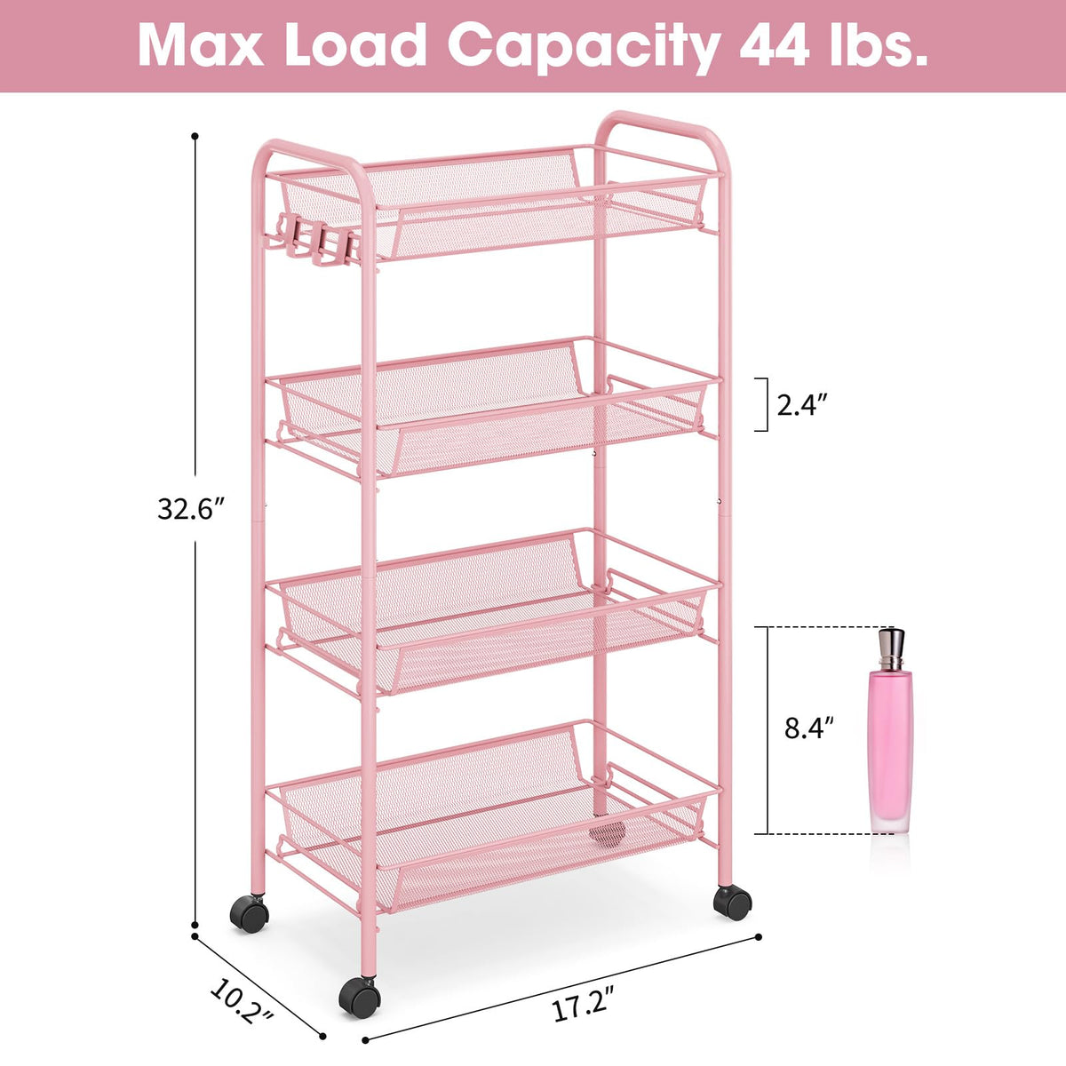 TOOLF 4 Tier Rolling Cart, Metal Utility Storage Cart with Wheels, Pink