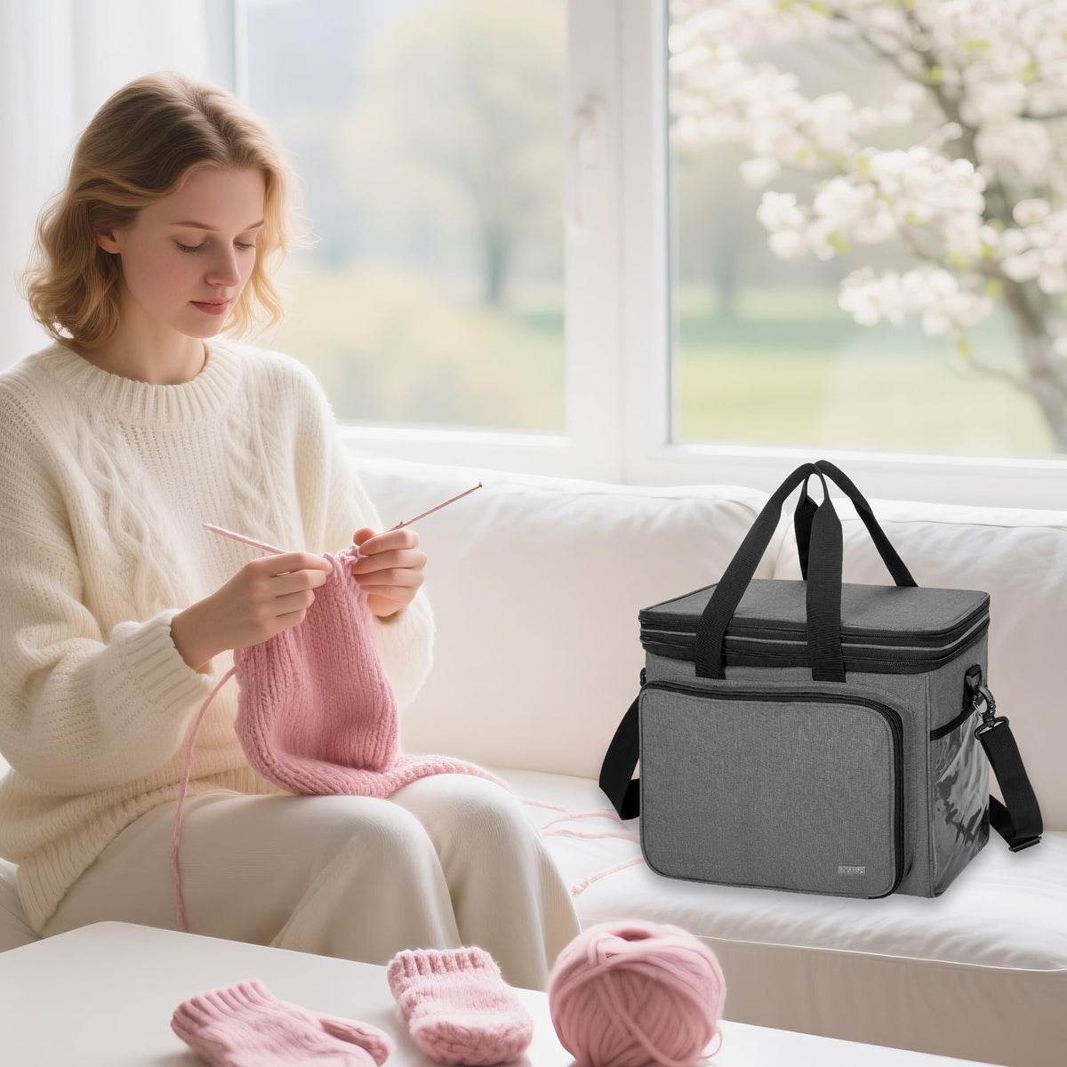 Teamoy Crochet Bag, Knitting Bag Yarn Storage Tote, Yarn Organizer, Gray