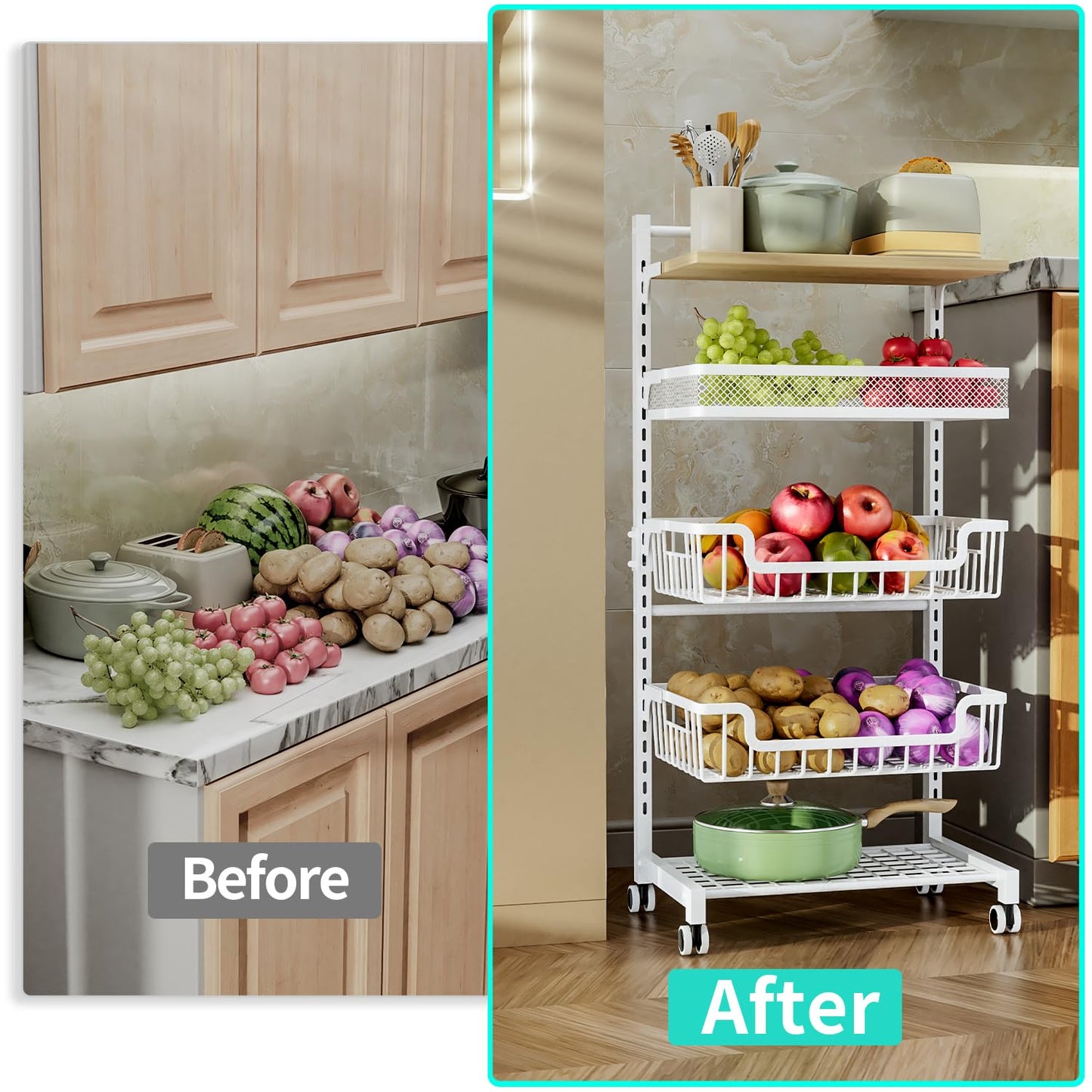 HapiRm Fruit Basket Kitchen Cart - 5 Tier Adjustable Vegetable Storage Rack, Large Capacity Rolling