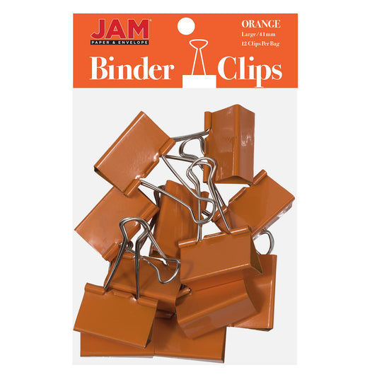 JAM PAPER Colorful Binder Clips - Large - 1 1/2 Inch (41 mm) - Orange Binderclips - 12/Pack