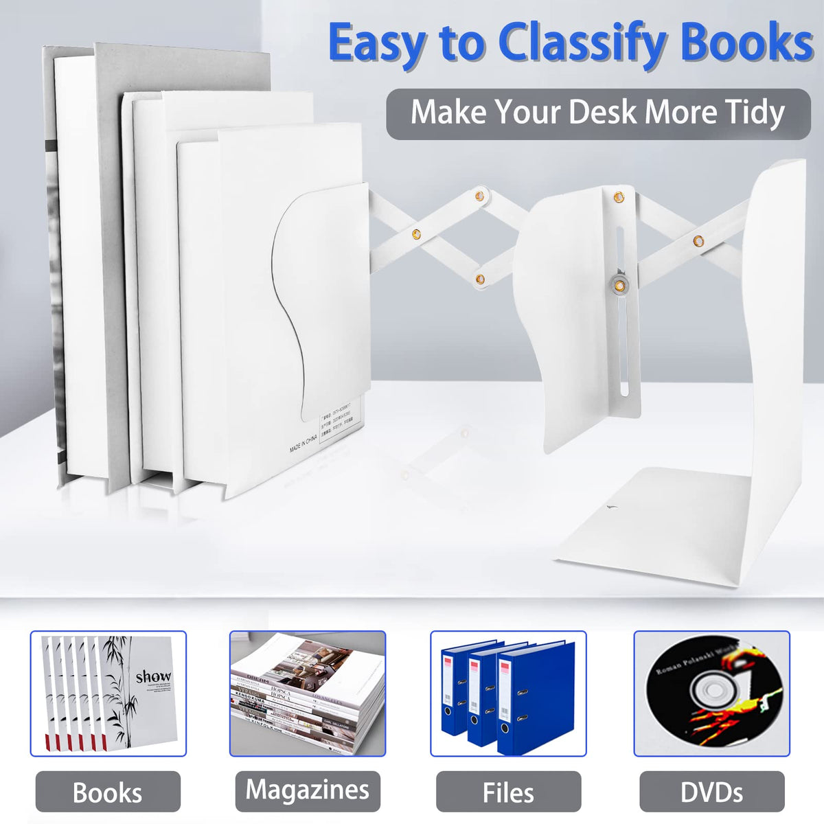 Non Skid Book Ends to Hold Books, Carooyac Heavy Duty Bookends Adjustable Book End, Metal Bookends