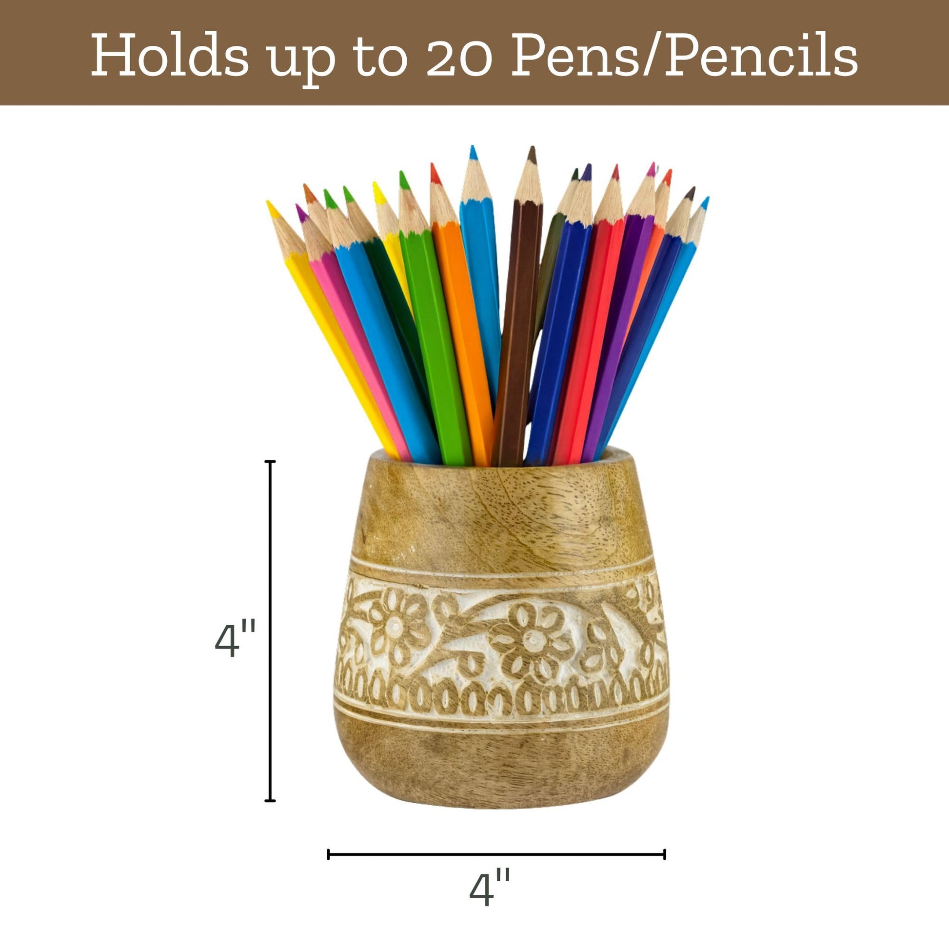 Mie Creations Farmhouse Pencil Holder for Desk, Wooden, White Floral 4''