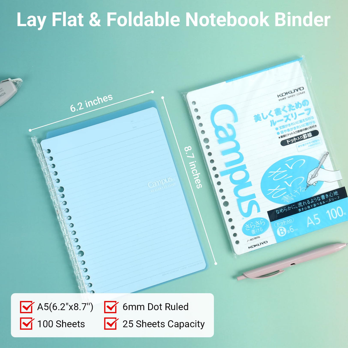 KOKUYO Campus Smart Ring Binders 3 Pack, A5 Binder Notebooks + 100 Campus Loose-Leaf Paper, 25