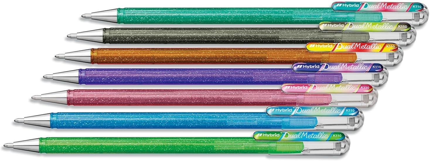Pentel Hybrid Dual Metallic K110 Pack of 7 Pastel Gel Ink Rollerball Pens