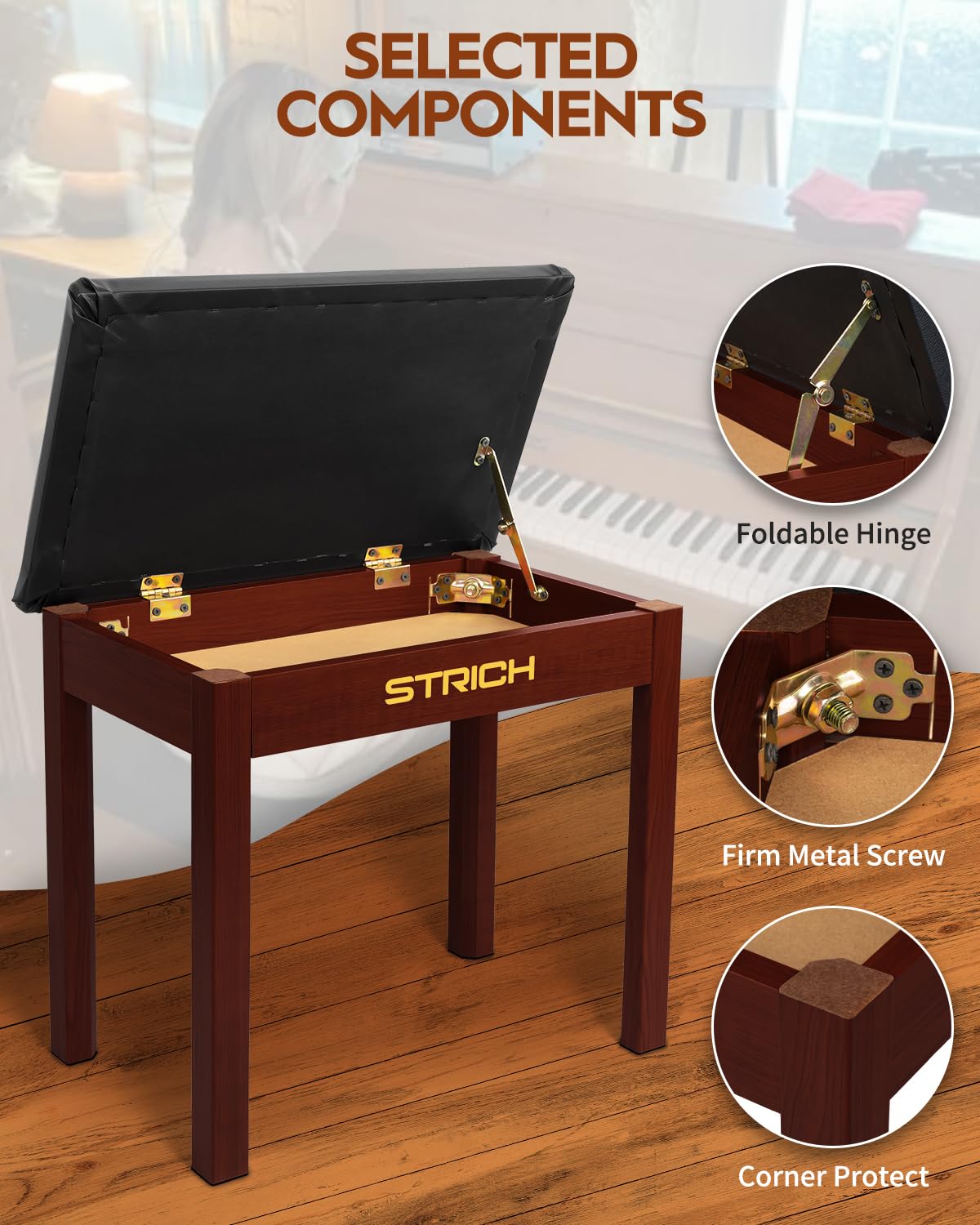 STRICH Piano Bench with Storage, Solid Wood Keyboard Bench Piano Bookcase Stool Chair Seat with