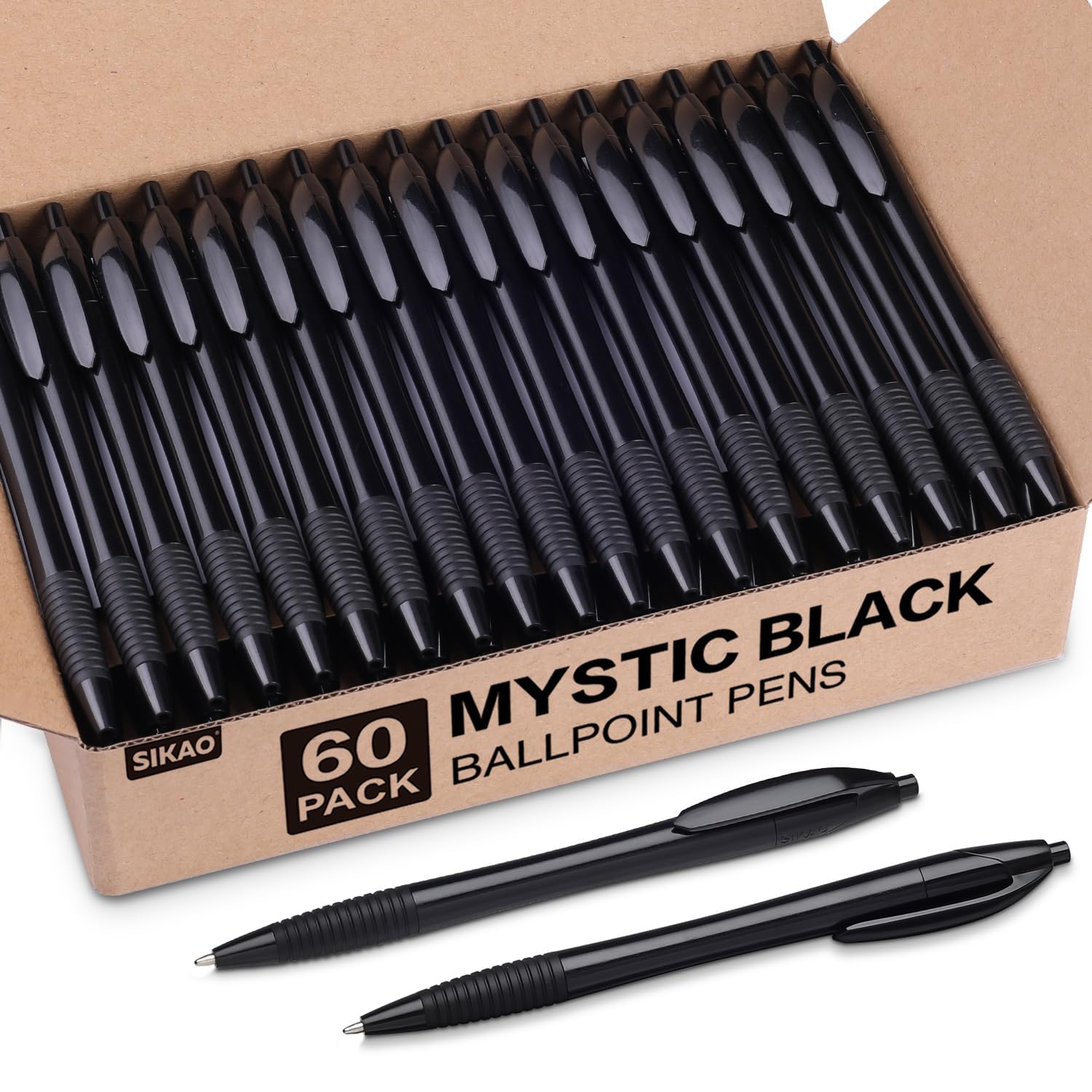 Sikao Black Pens Bulk, 60 Pack Gripped Slimster Ballpoint Pens