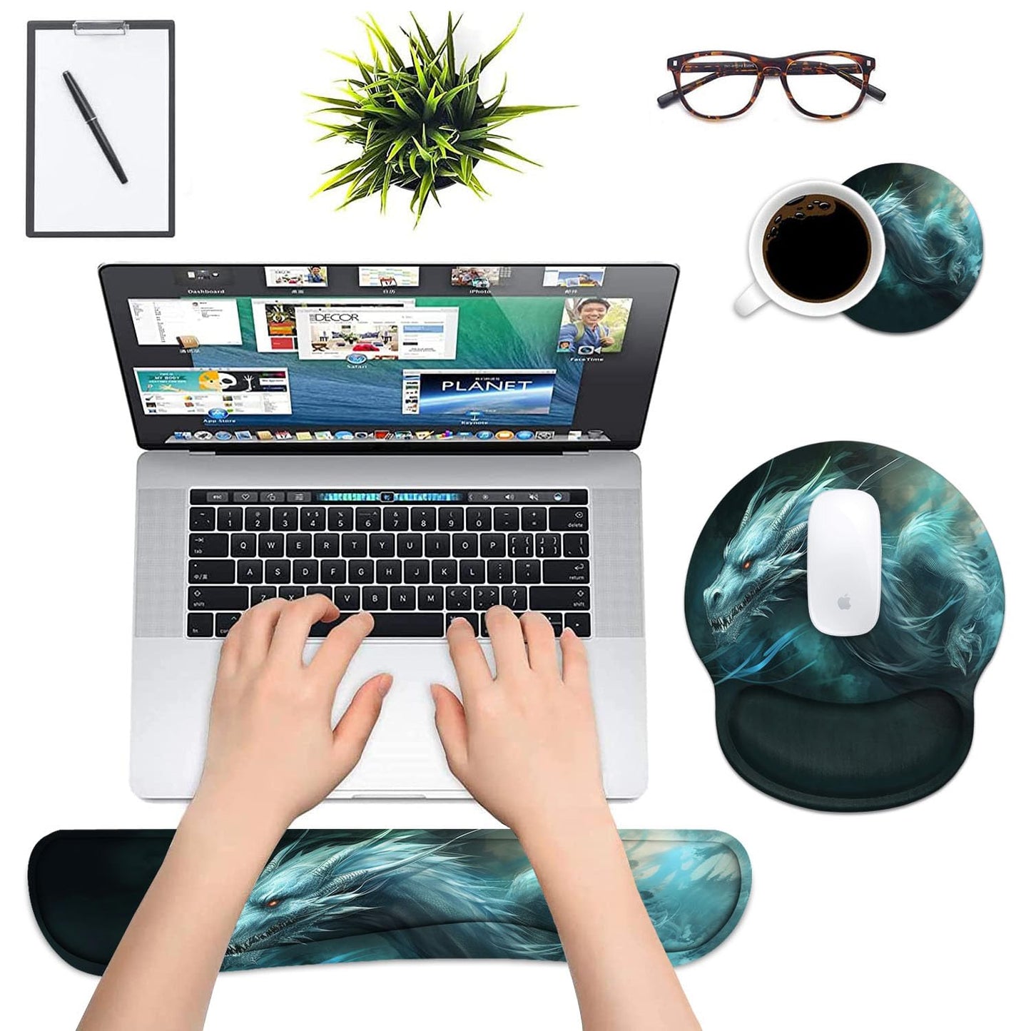 Keyboard Wrist Rest and Mouse Pad Wrist Support Set with Coasters, Ergonomic Gaming Mousepad