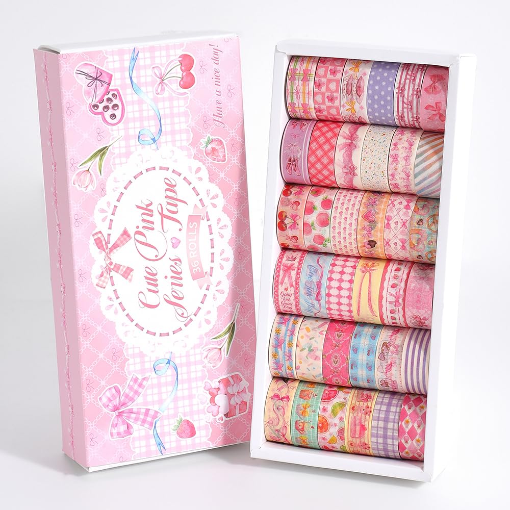 icceemee 36 Rolls Sweet Pink Theme Washi Tape Set with Different Colorful Patterns, Writable