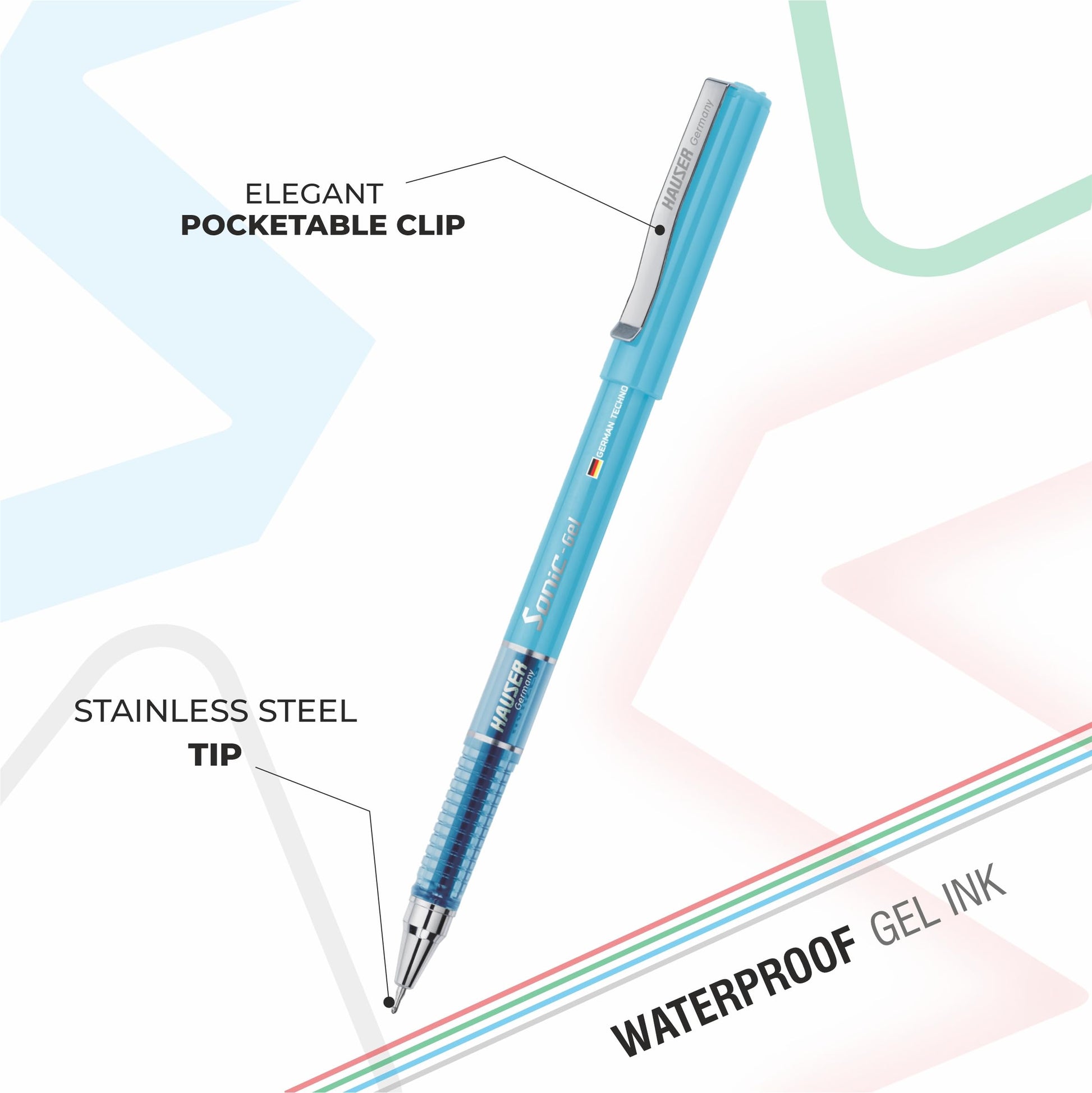 Hauser Sonic 0.55mm Gel Pen Box Pack | Attractive Foiled Body | Stylish Metal Clip | Refillable &