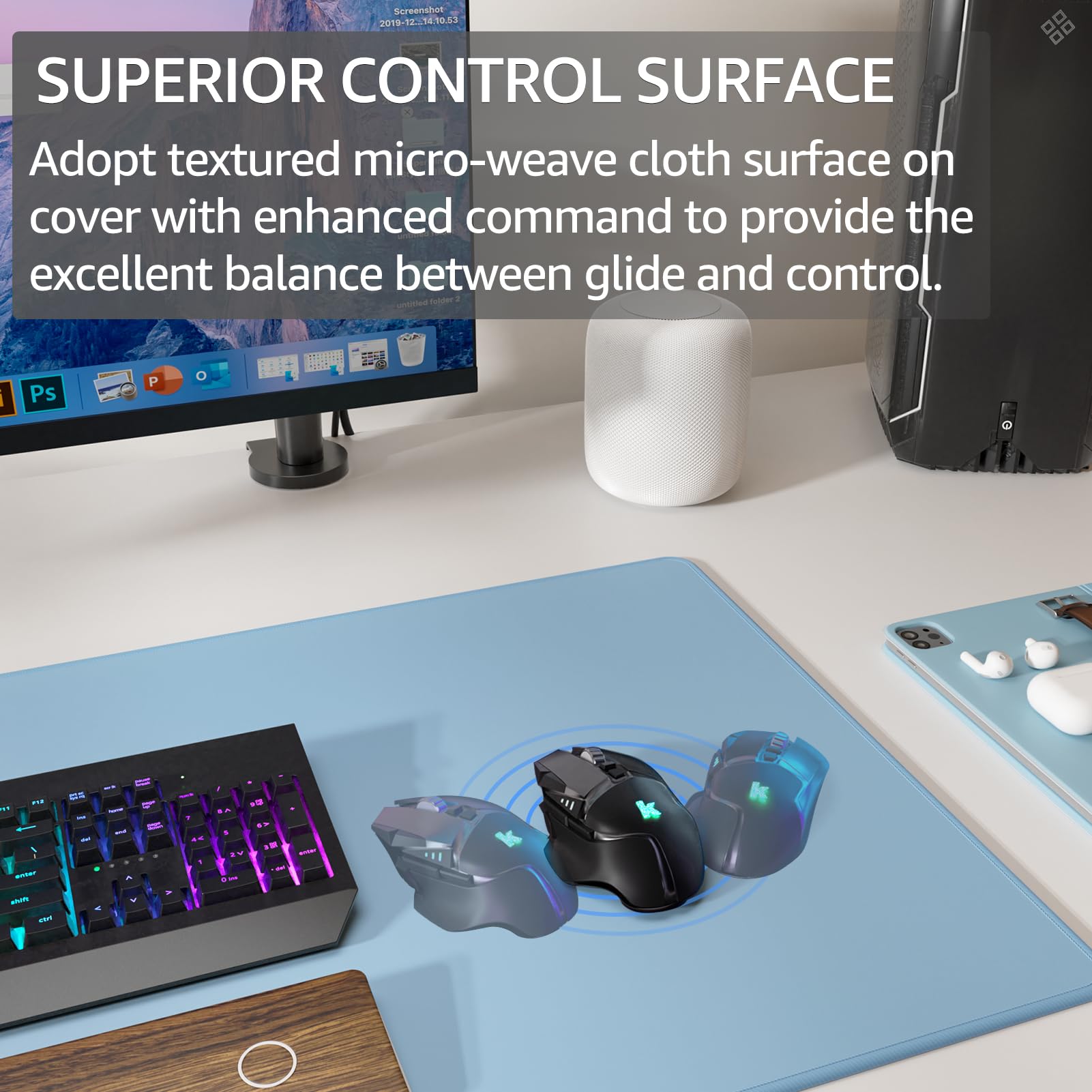 KTRIO Large Gaming Mouse Pad, Desk Mat, 31.5 x 15.7 in, Ice Blue, XXL